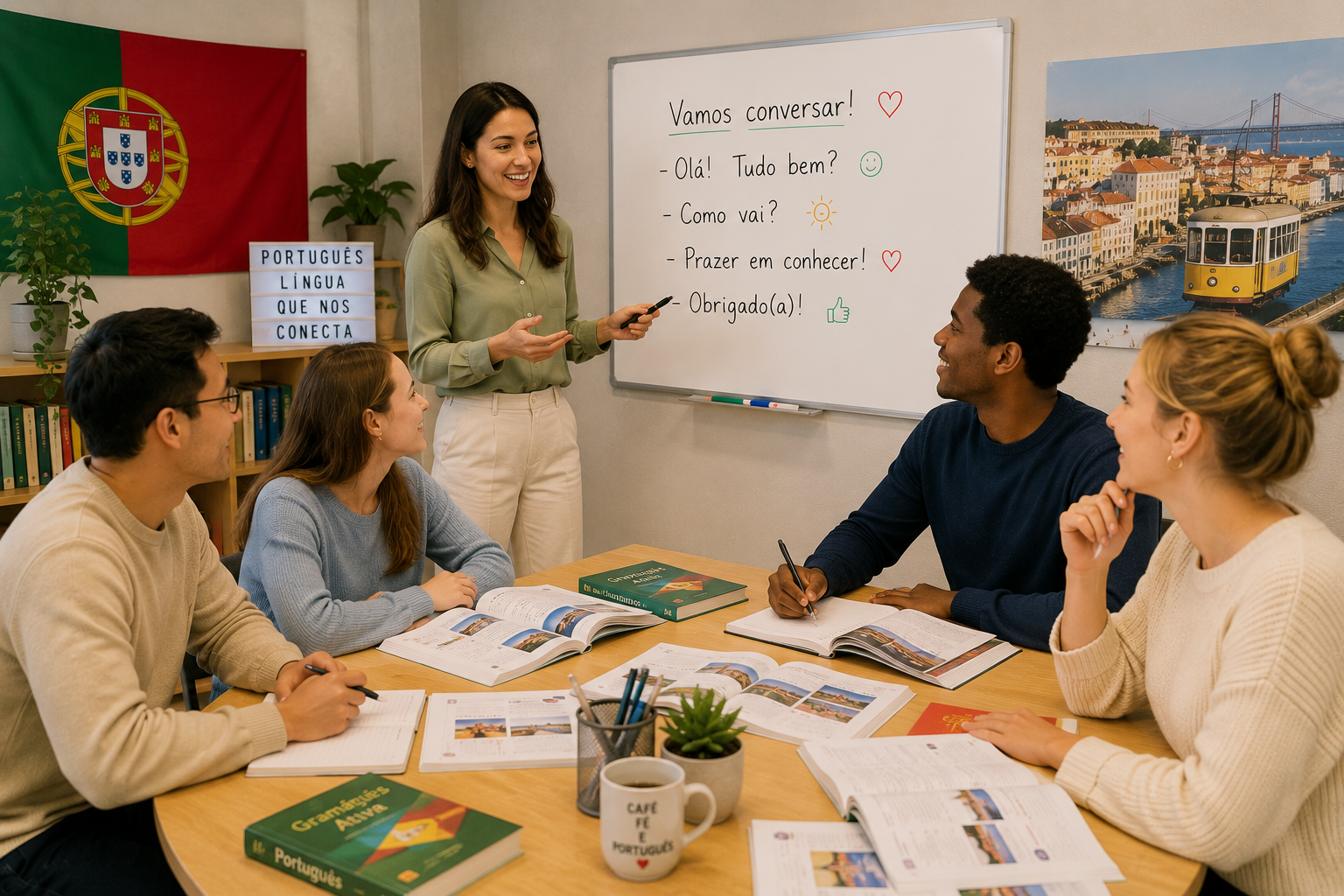 Sala de aula com professora e estudantes em uma aula de português. Professora aponta para quadro branco com frases e emojis, enquanto alunos leem livros de aprendizagem.