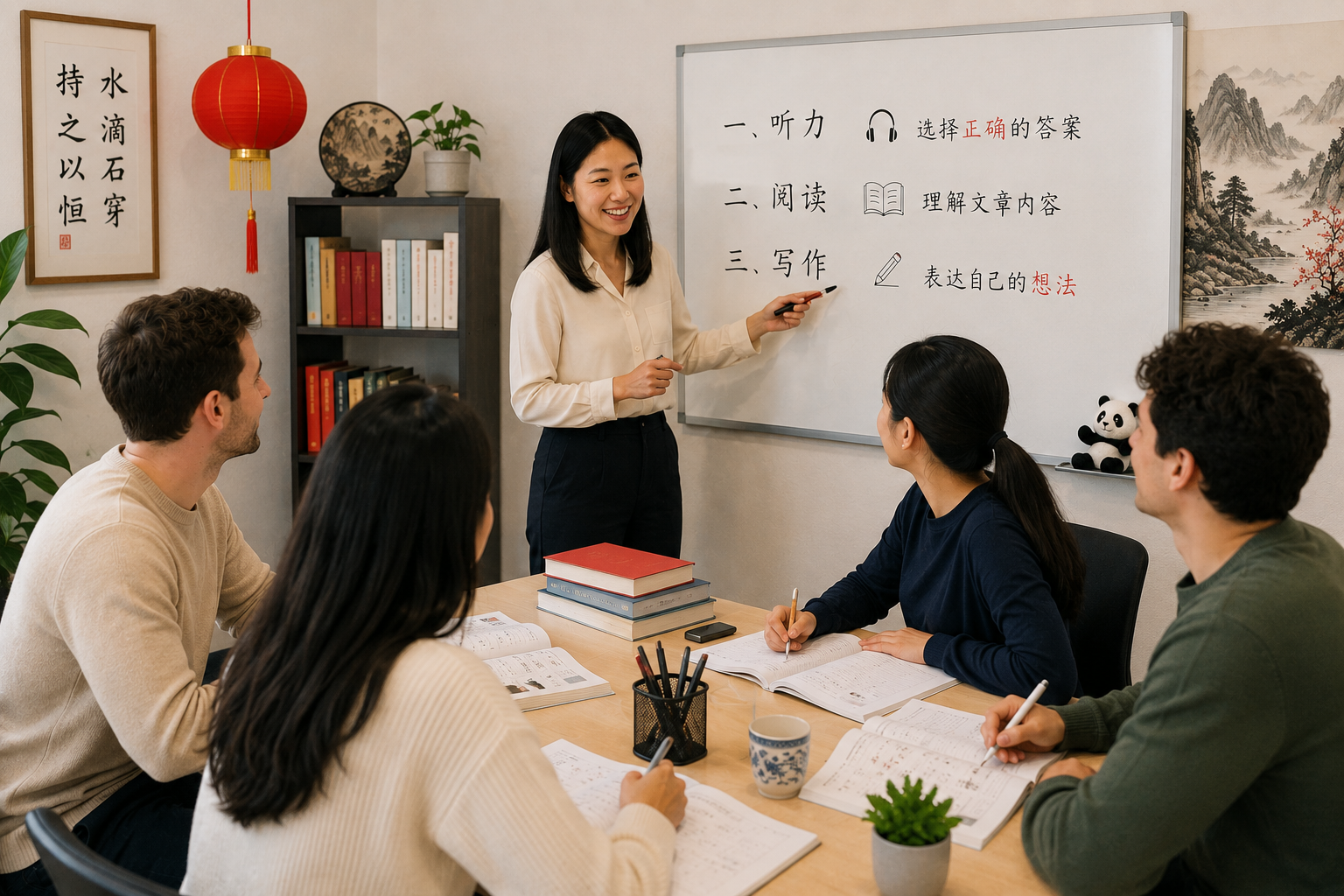 Professora ensinando uma aula de chinês para grupo de estudantes em sala de aula com quadro branco, livros e decoração oriental.