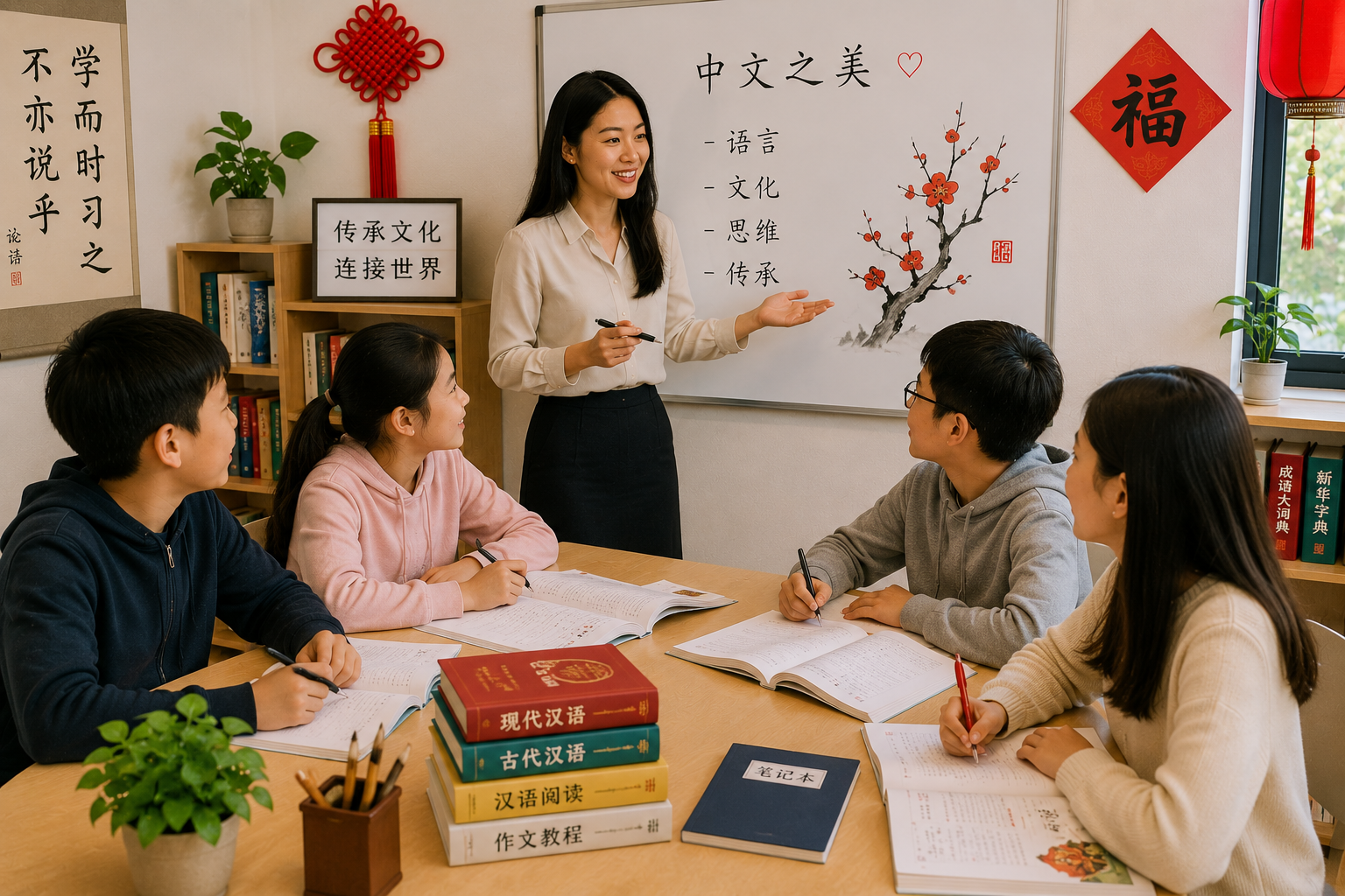 Uma professora ensina em uma sala de aula para cinco estudantes, com livros e cadernos na mesa. Ela está apontando para uma lousa branca que tem uma árvore de cerejeira e escrita em chinês. A sala tem decoração com elementos chineses, como um quadro com caracteres e uma parede com livros.