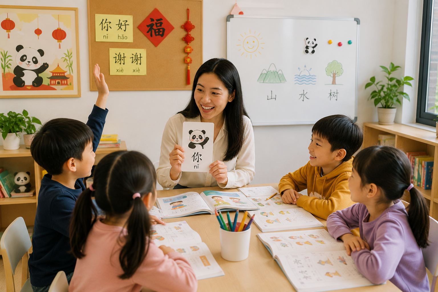 Professora ensinando caracteres chineses para crianças em sala de aula com livros e quadro branco. Professor segurando um cartão com panda e caractere, crianças atentos e sorrindo.