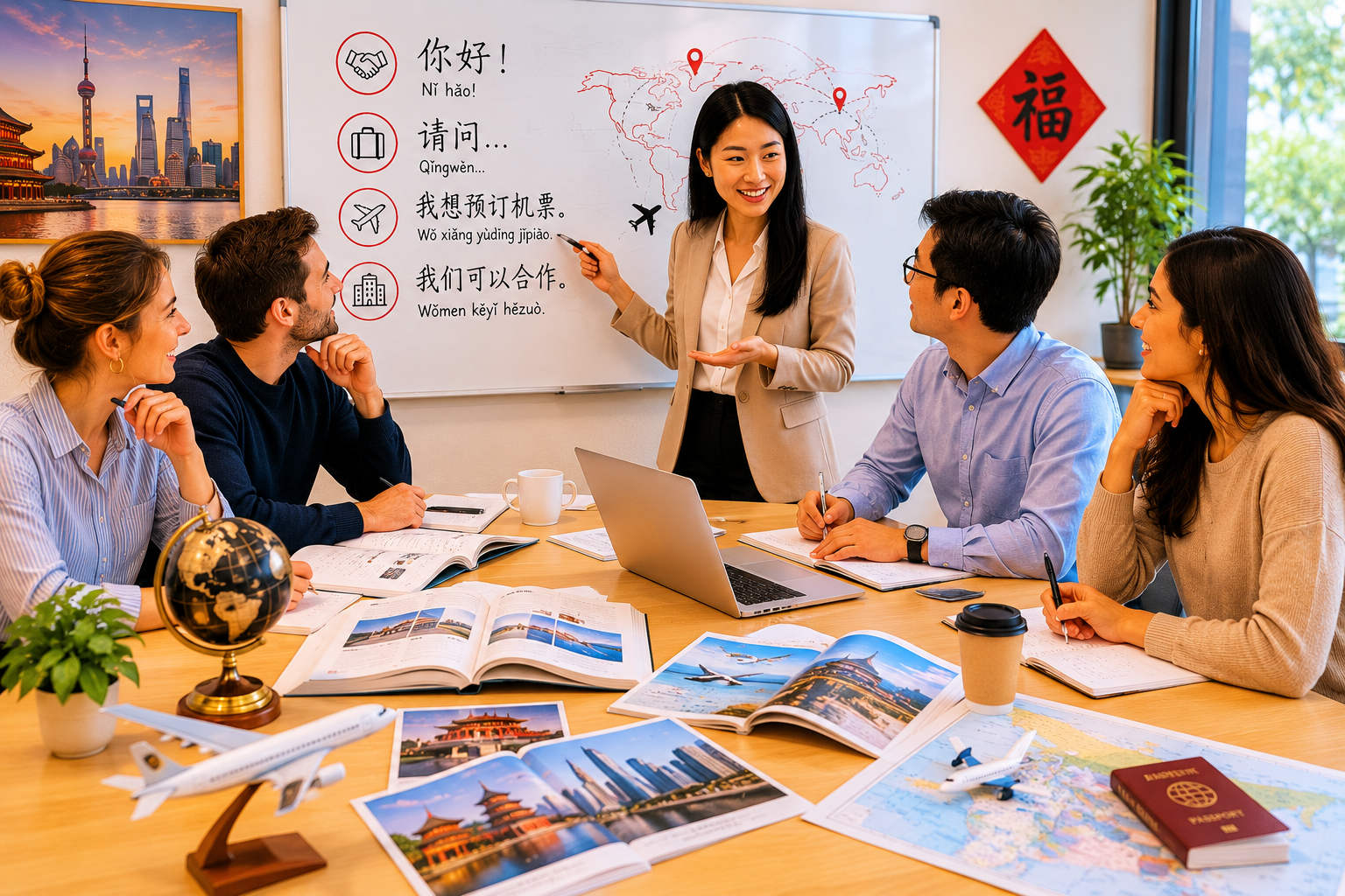 Mulheres participando de uma aula de idiomas sobre viagens, com mapas e fotos de destinos turísticos na mesa, uma instrutora apontando um quadro branco com frases em chinês, com elementos decorativos chineses e uma janela com vista para árvores ao fundo.
