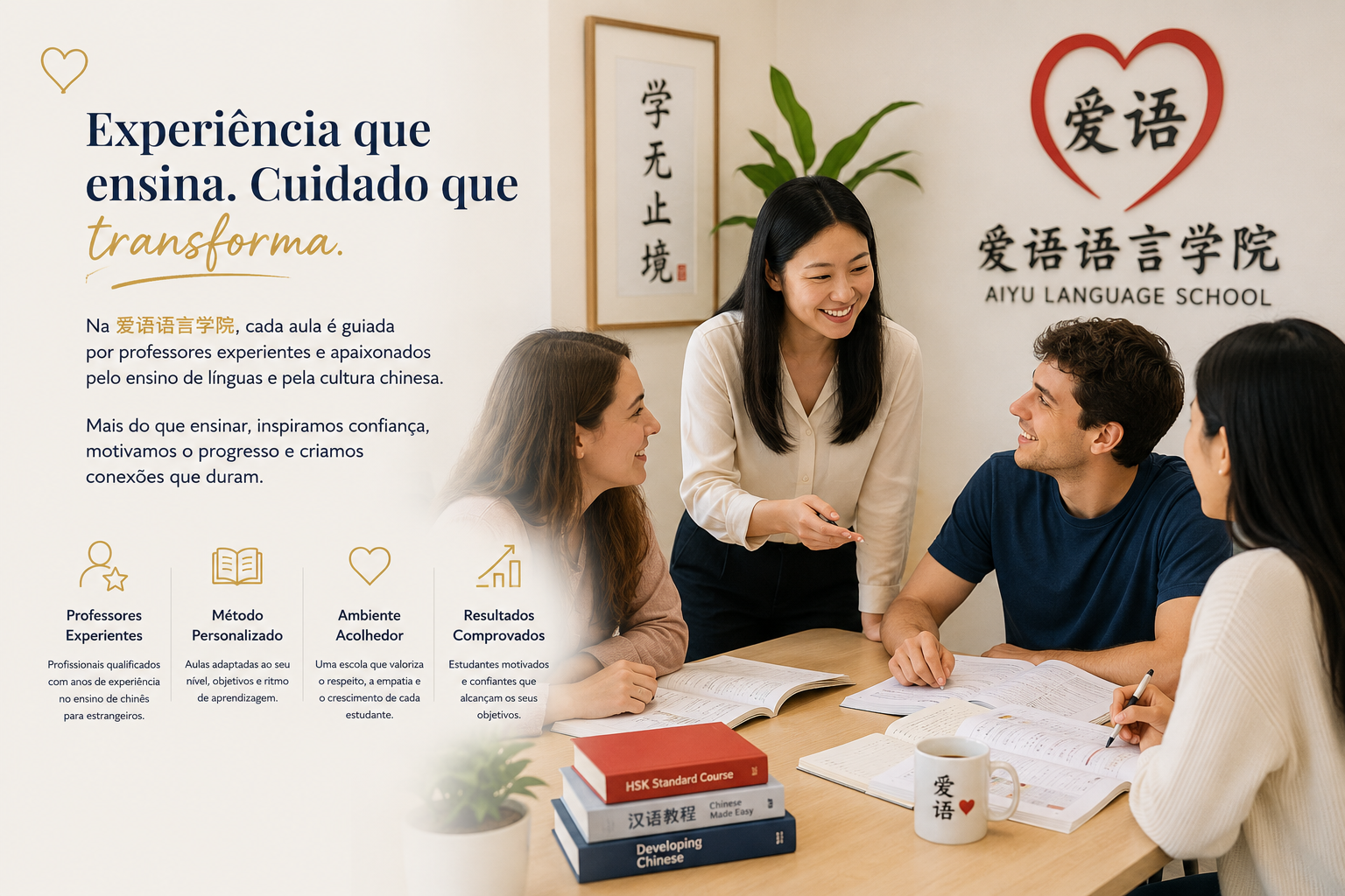 Sala de aula na Aiyu Language School com um grupo de estudantes e uma professora sorridente interagindo durante uma aula de chinês, com livros e uma caneca na mesa.