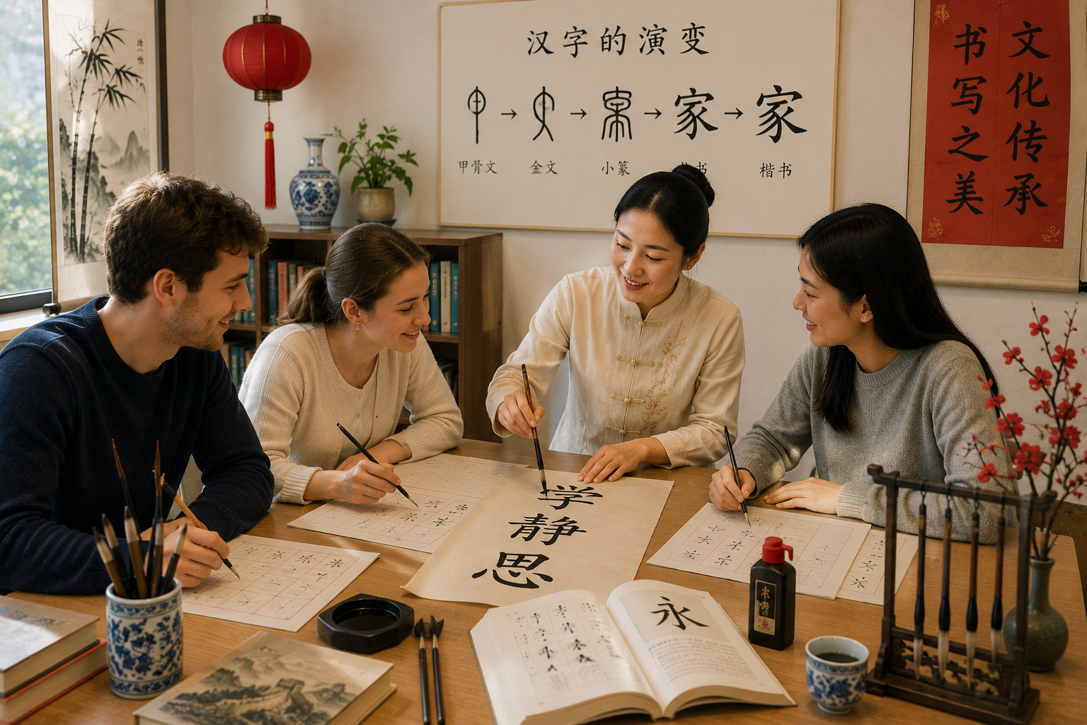 Grupo de pessoas aprendendo caligrafia chinesa em uma sala de aula, com materiais de estudo, livros, pincéis, tinta e decoração chinesa ao redor.
