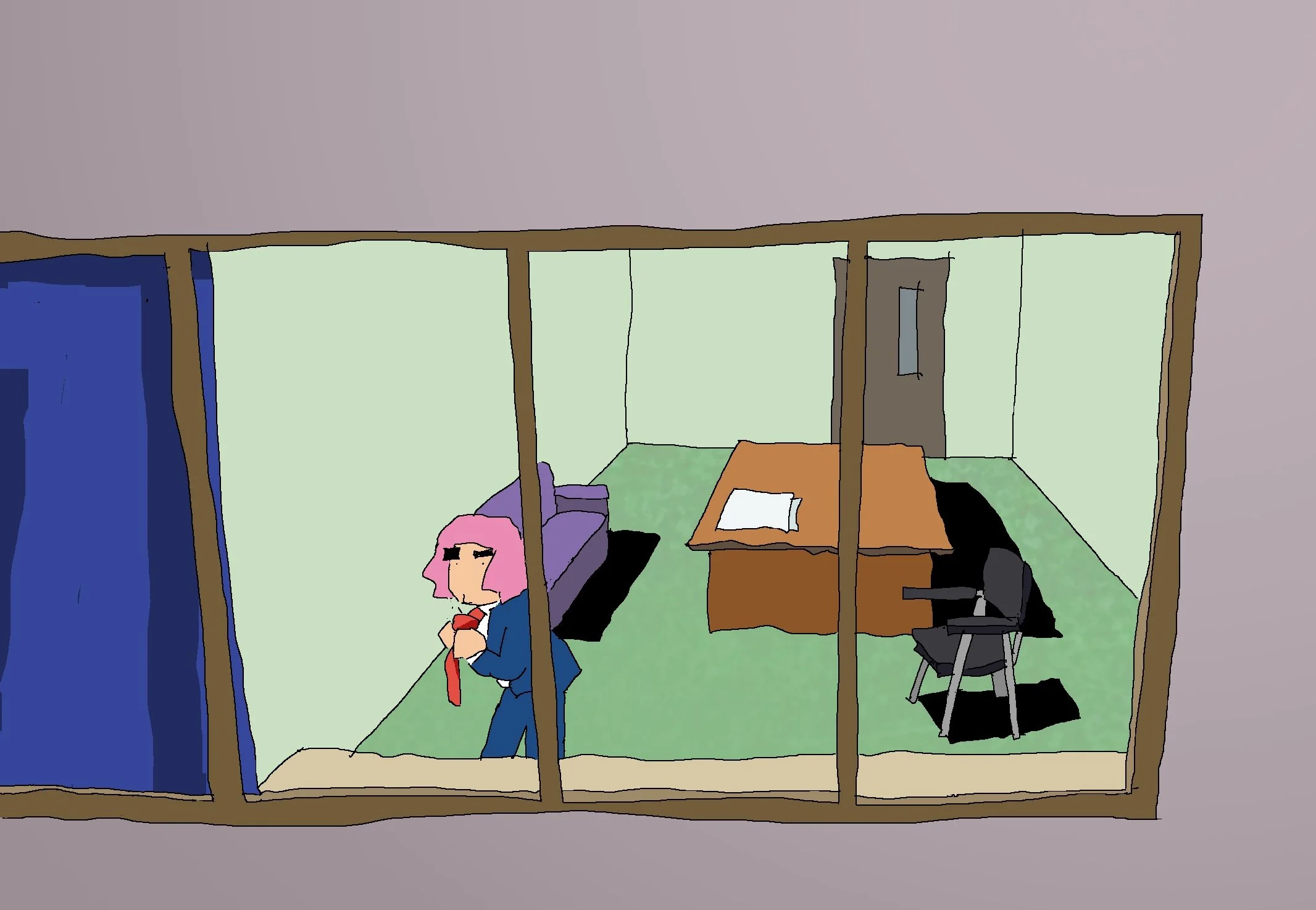 Children sitting in a classroom with green walls, a desk, chairs, and educational materials.