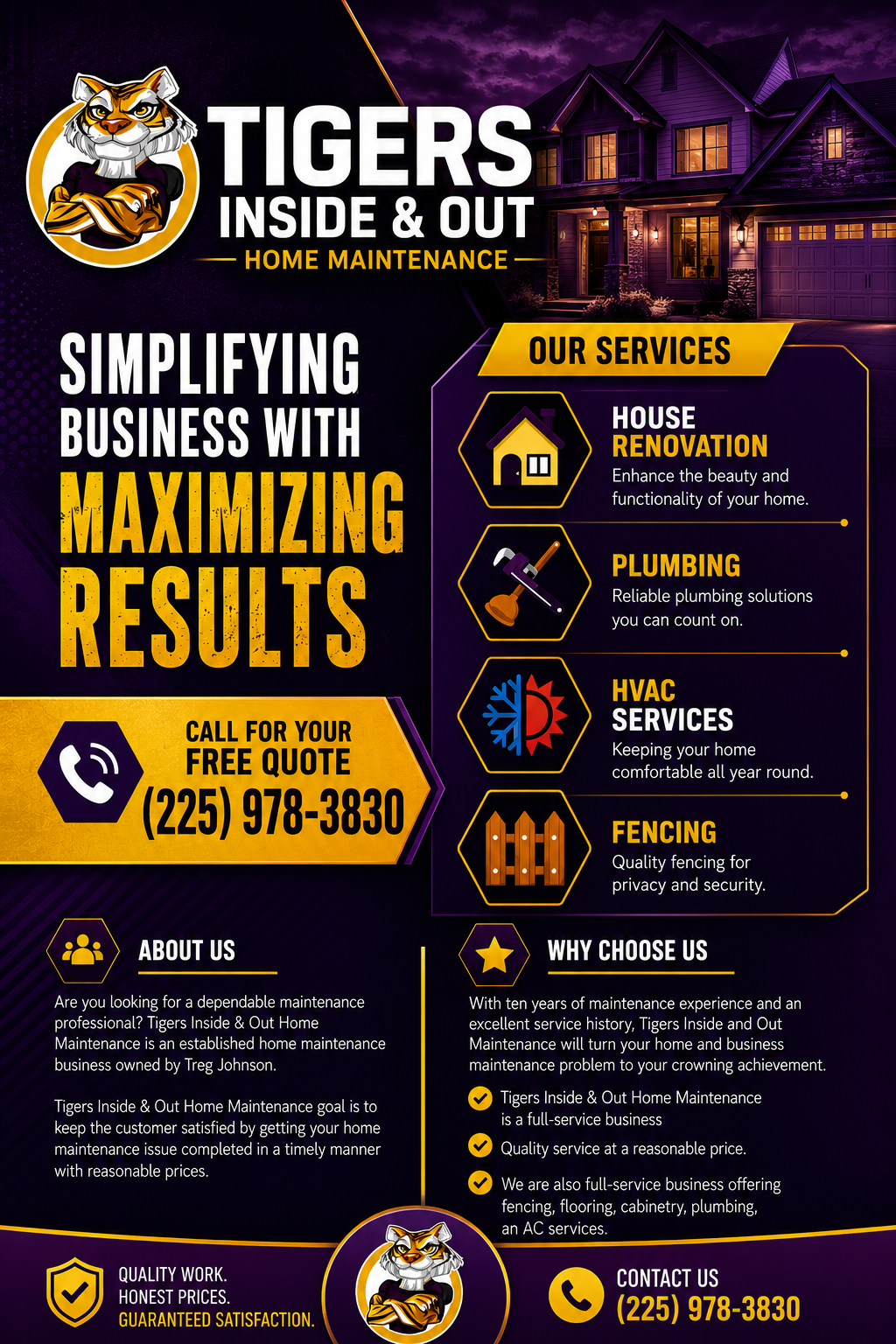 Advertising flyer for Tigers Inside & Out Home Maintenance featuring a house, a tiger mascot, and services like house renovation, plumbing, HVAC, fencing, with contact info.