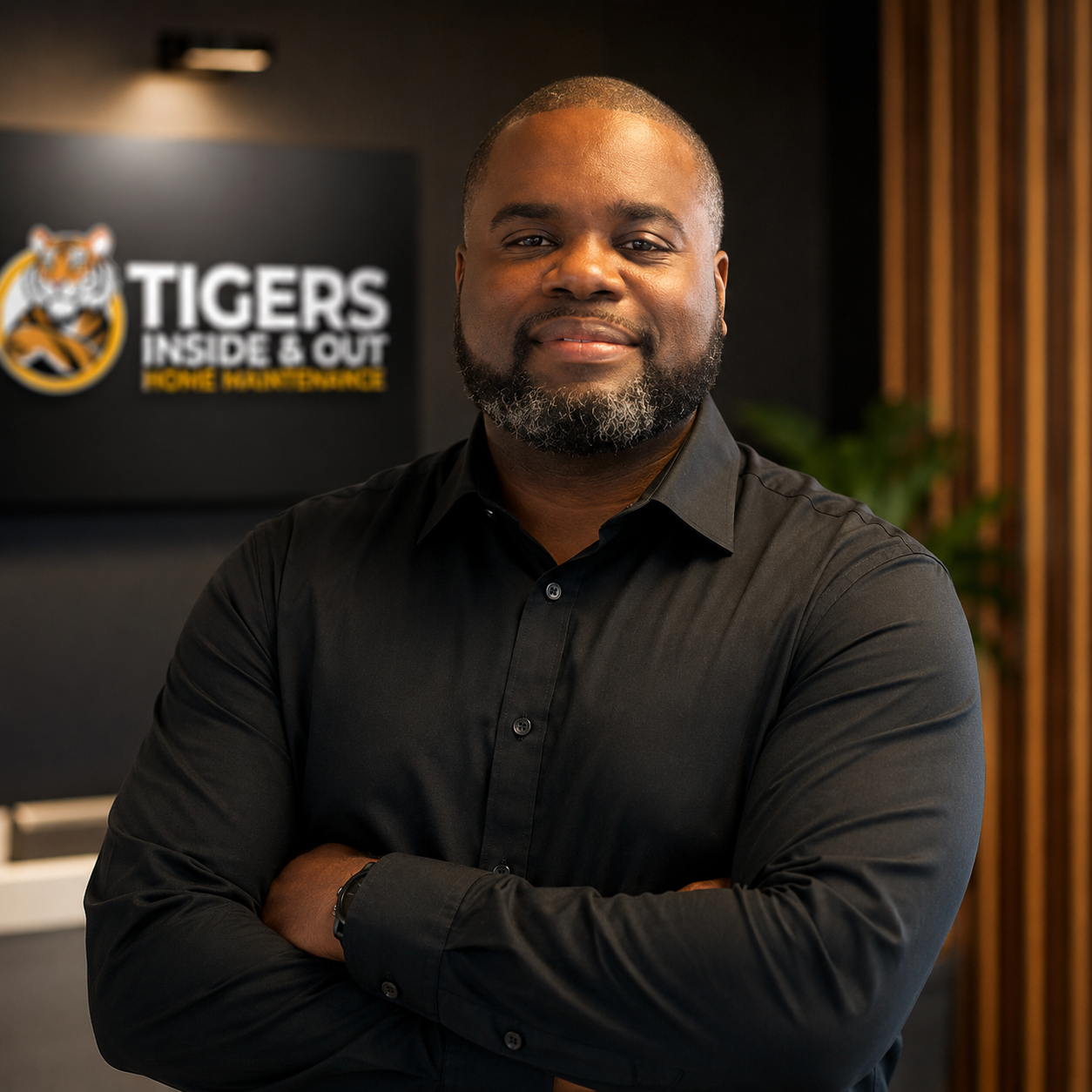 A man with a beard and short hair standing in front of a black wall with a sign that reads "TIGERS INSIDE & OUT HOME HOLIDAY HOME". He is wearing a black button-up shirt and smiling with his arms crossed.