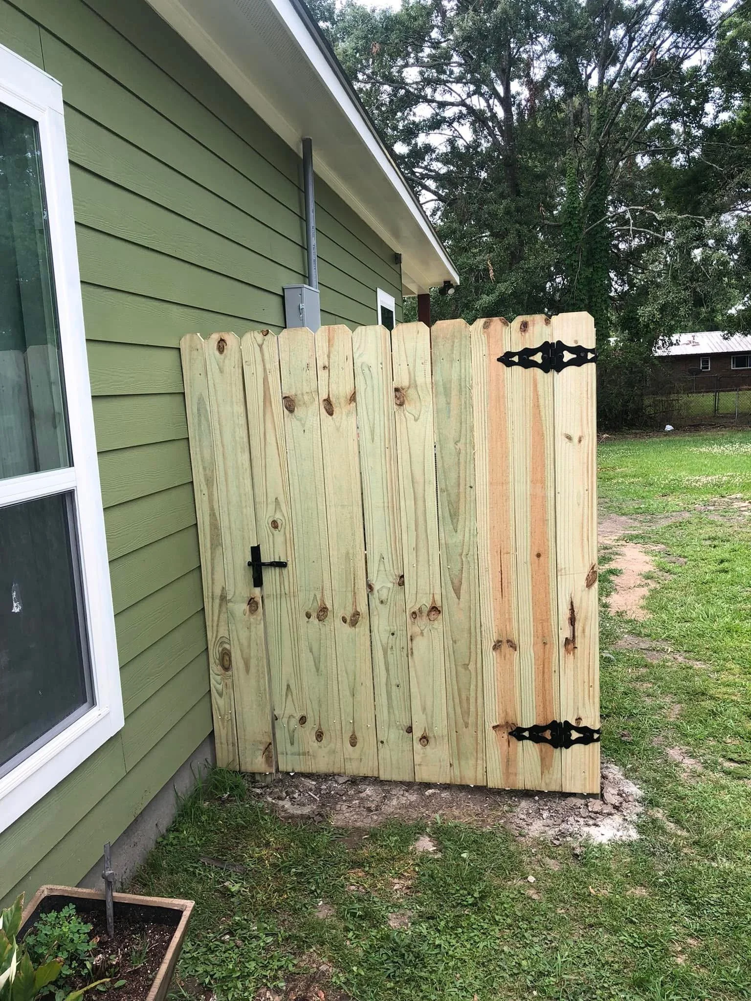 A wooden fence with black decorative hinges in backyard next to green house with siding, window, and utility meter, surrounded by grass and trees.