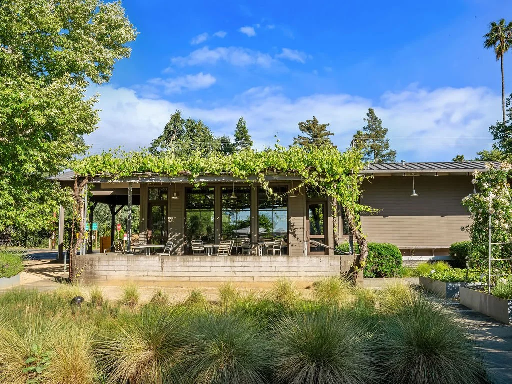 A modern building featuring large glass doors, surrounded by lush greenery, with an outdoor patio area and vineyard vines growing along a trellis on the roof.