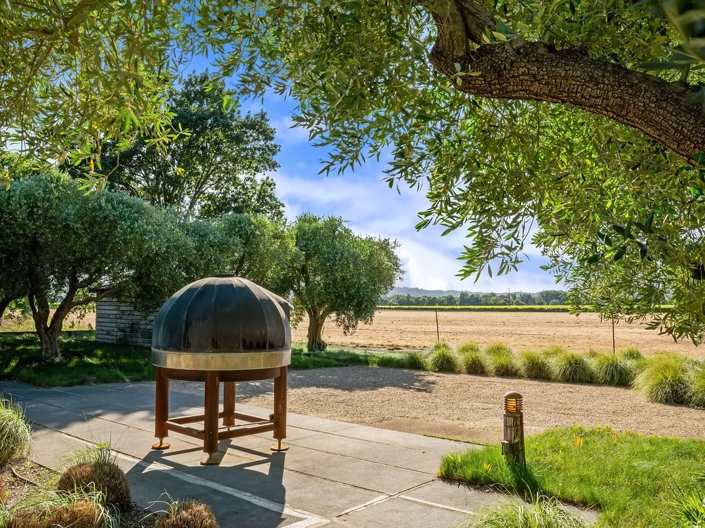 Small outdoor barbecue grill on a concrete patio in a garden with trees, grass, and an open field in the background under a partly cloudy sky.