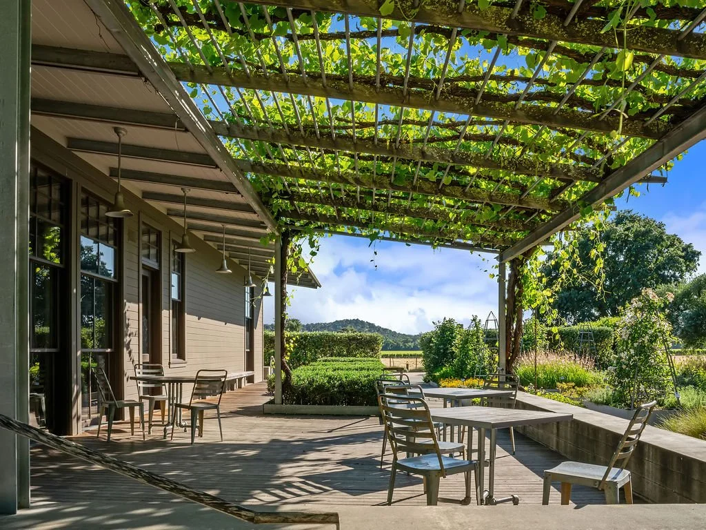 Covered patio area with tables and chairs, trellis with greenery overhead, and a garden in the background under a blue sky.