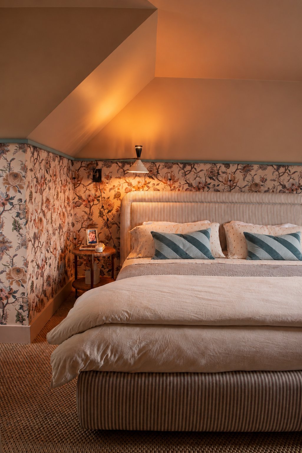 Silvernails guest bedroom with floral wallpaper, a sloped ceiling and striped bedding