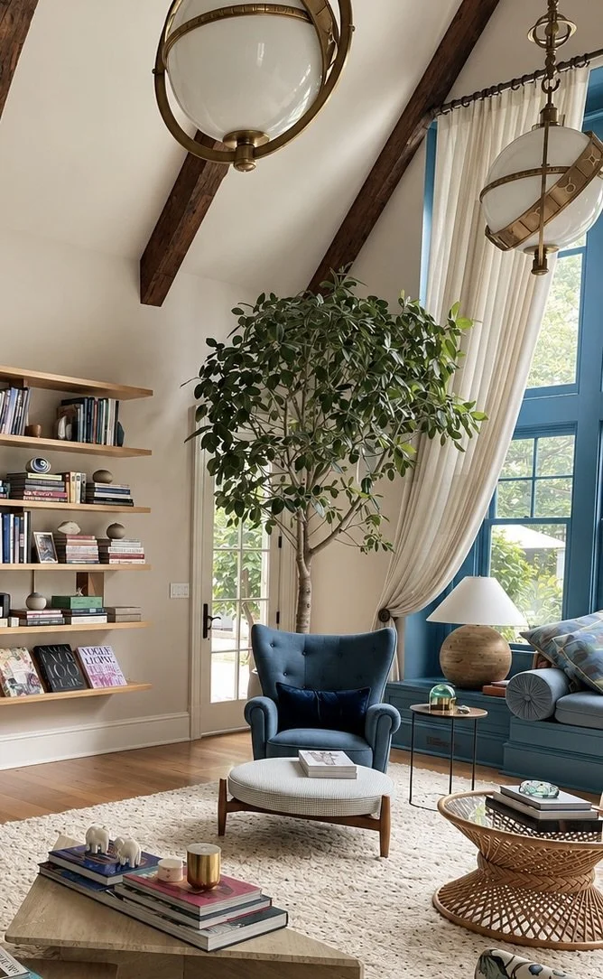 Living room with exposed beams, a navy wingback chair, open oak shelving, brass globe pendants and a tall potted tree