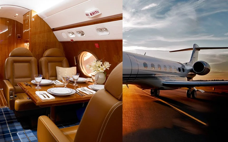 Gulfstream G4 cabin dining table set for a meal, paired with the jet on the runway at sunset