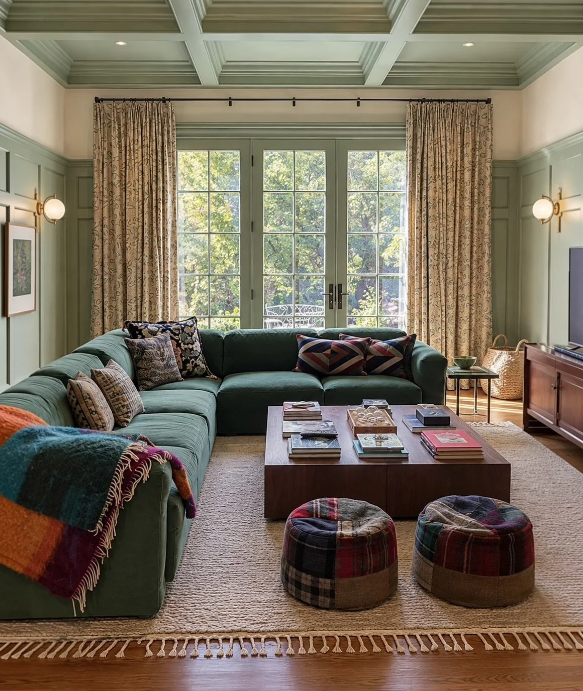 Family room with a sage coffered ceiling and panelling, a deep green sectional, a dark wood coffee table and plaid ottomans