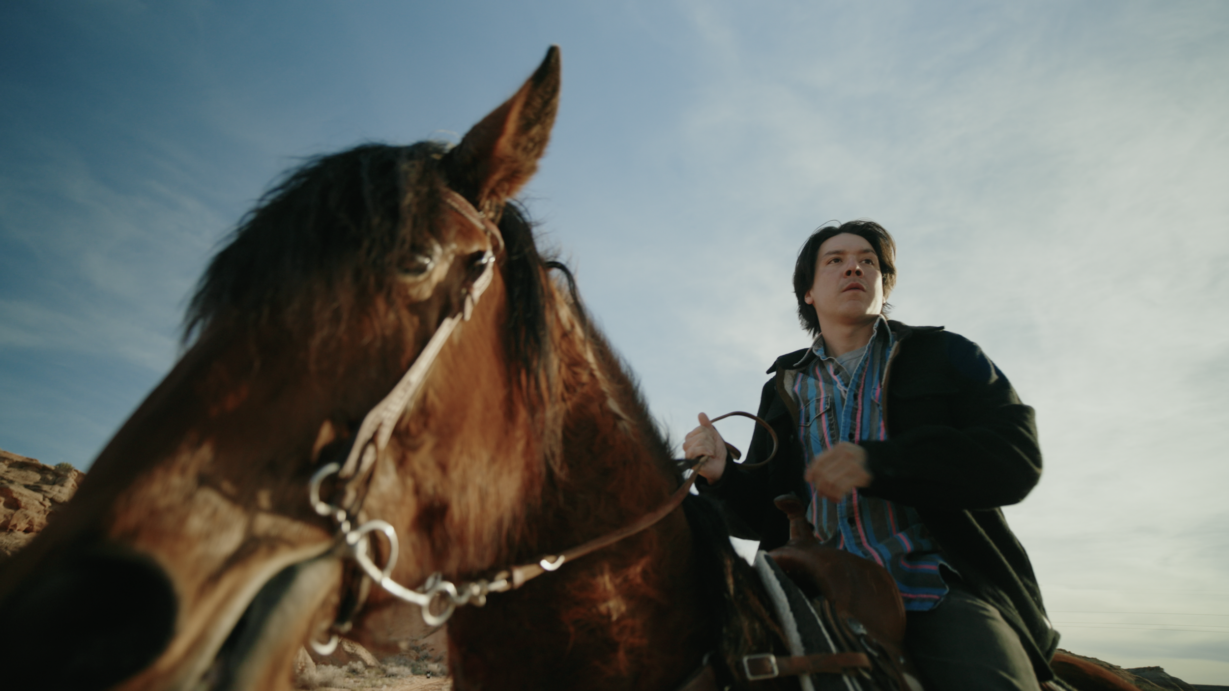 A man with dark hair riding a horse outdoors under a blue sky.