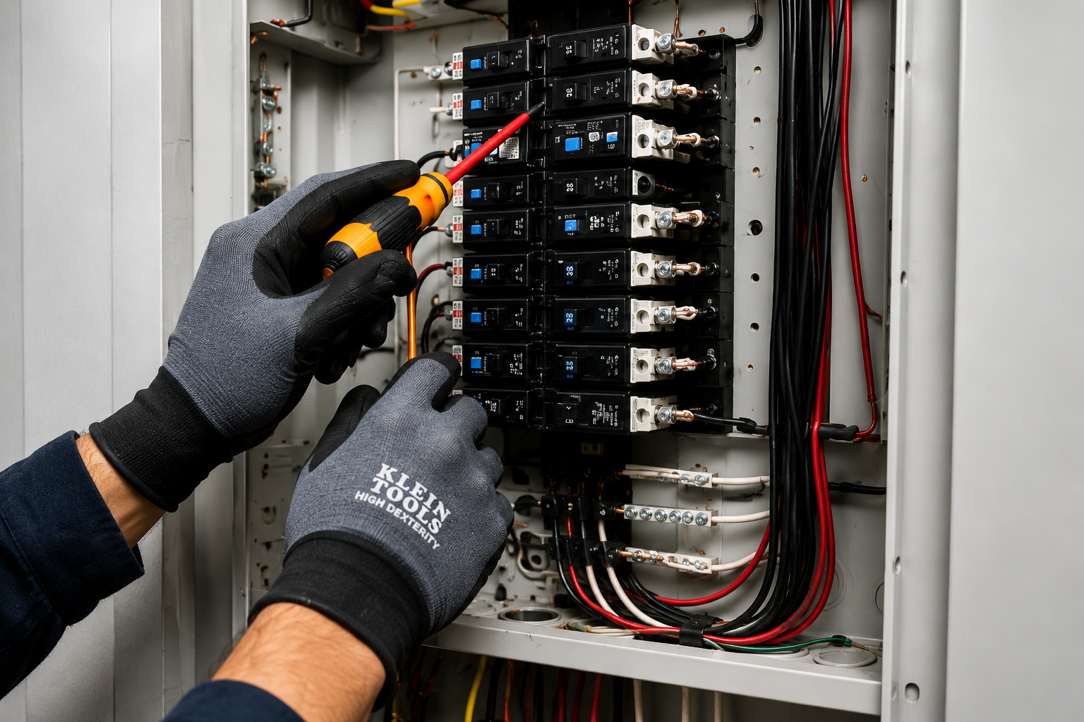 A person wearing gray gloves using a screwdriver to work inside an electrical breaker box with multiple black and white switches and red and black wires.
