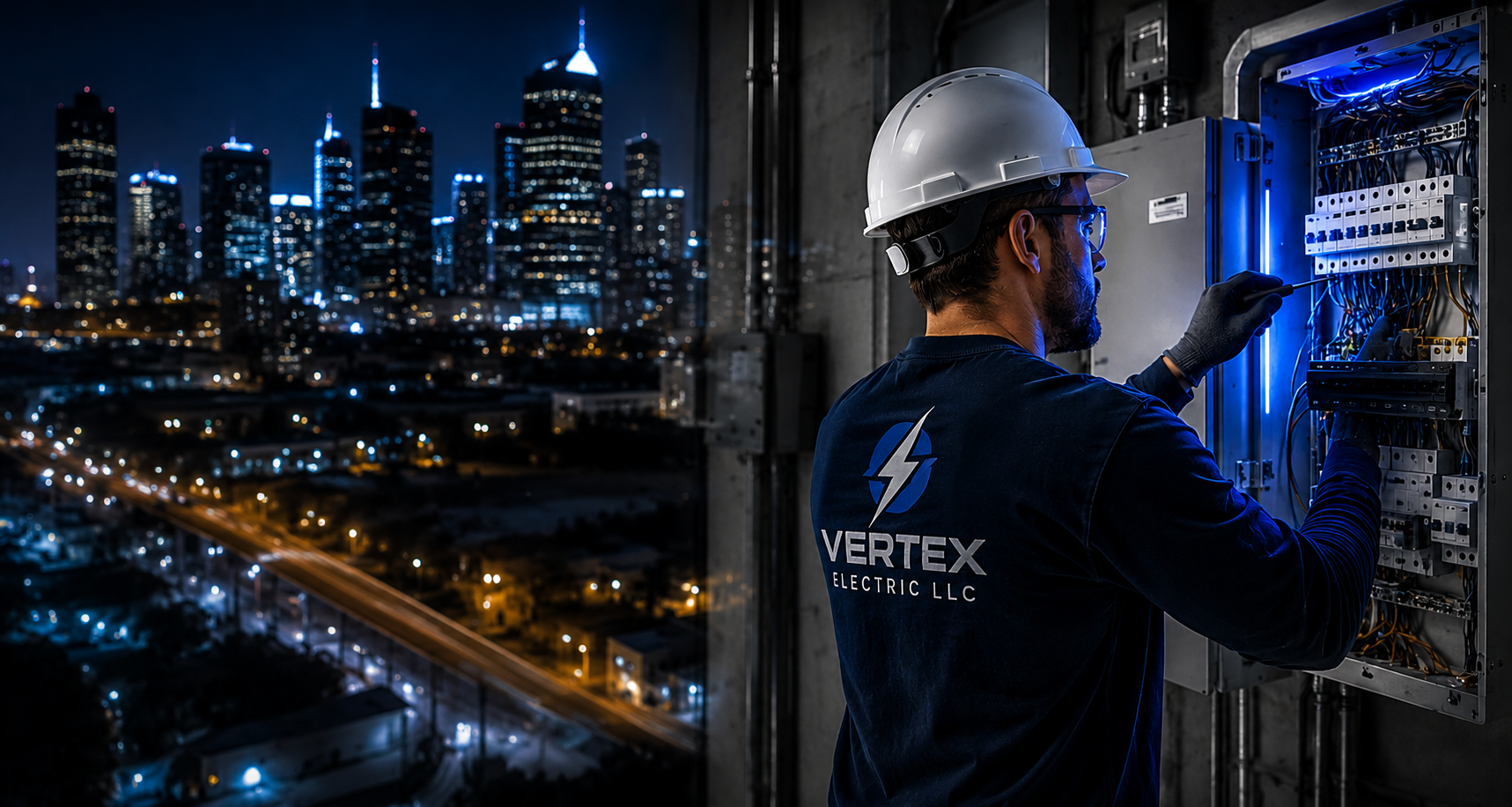 A technician wearing safety glasses, gloves, and a Vertex Electric LLC uniform working on electrical wiring inside an electrical panel at night with a city skyline in the background.