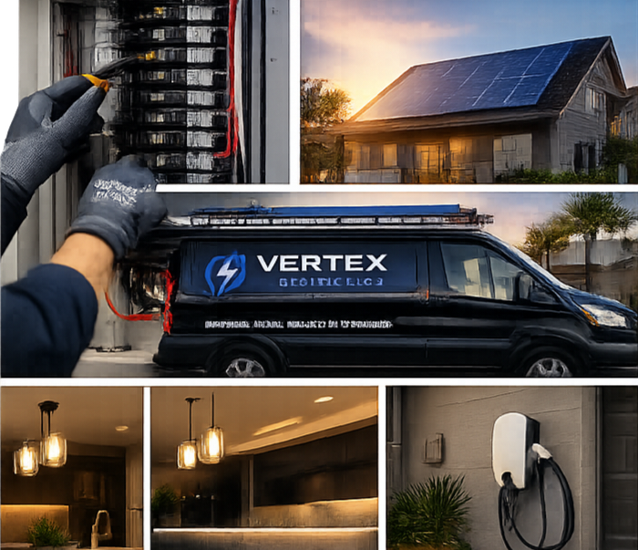 A collage of six images: the top left shows a person working on an electrical panel, the top right depicts a house with a solar panel roof at sunset, the middle features a Vertex utility van with a ladder on its roof, the bottom left showcases a modern kitchen with hanging lights, the bottom middle displays a well-lit interior with a countertop, and the bottom right shows an outdoor electrical outlet.