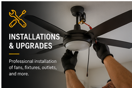 A person installs or upgrades a ceiling fan while wearing black gloves. The background features text advertising professional installation and upgrades of fans, fixtures, outlets, and more, with a yellow wrench icon on a dark background.