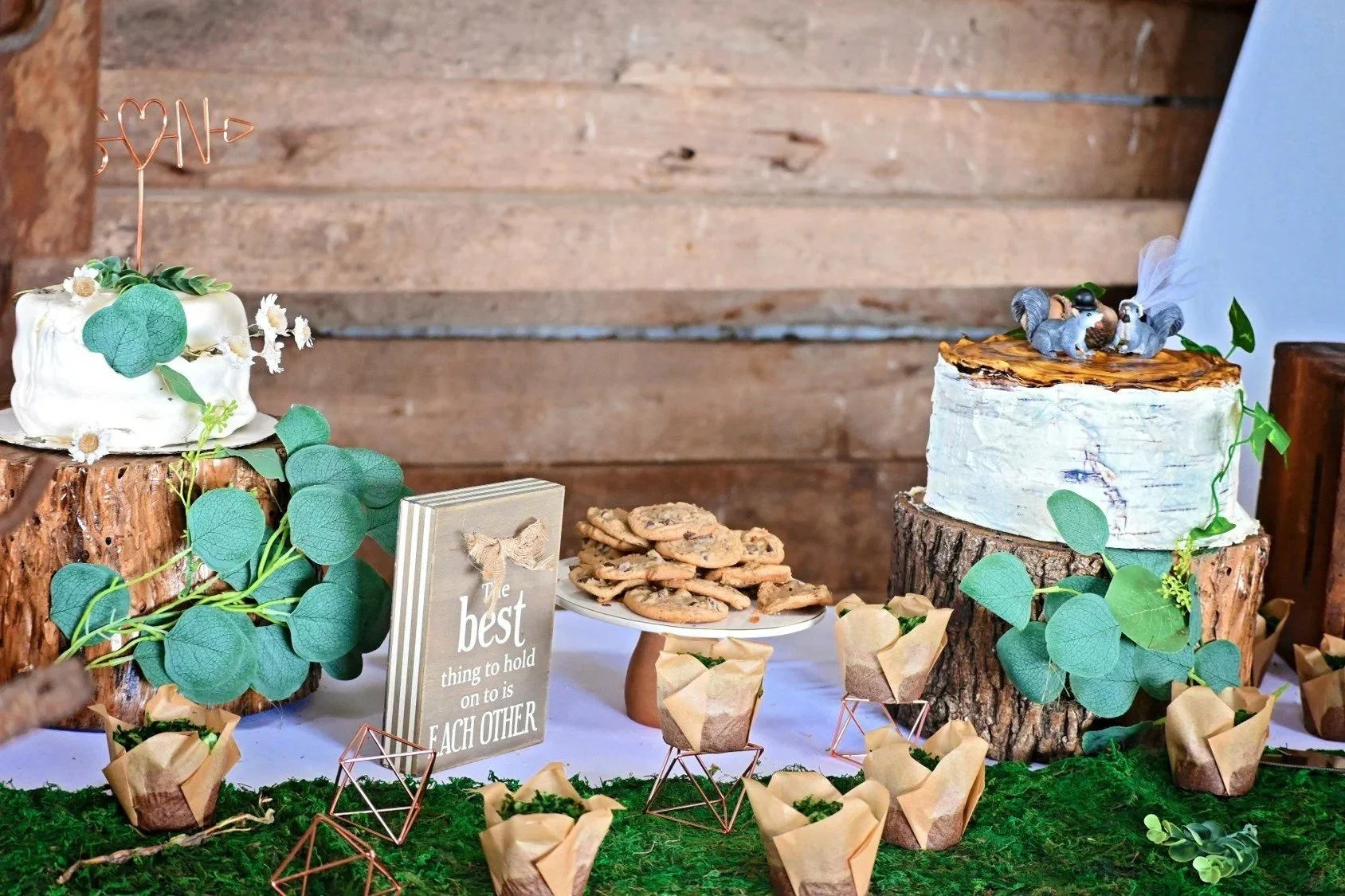 wedding dessert bar cake birch tree stump cupcakes