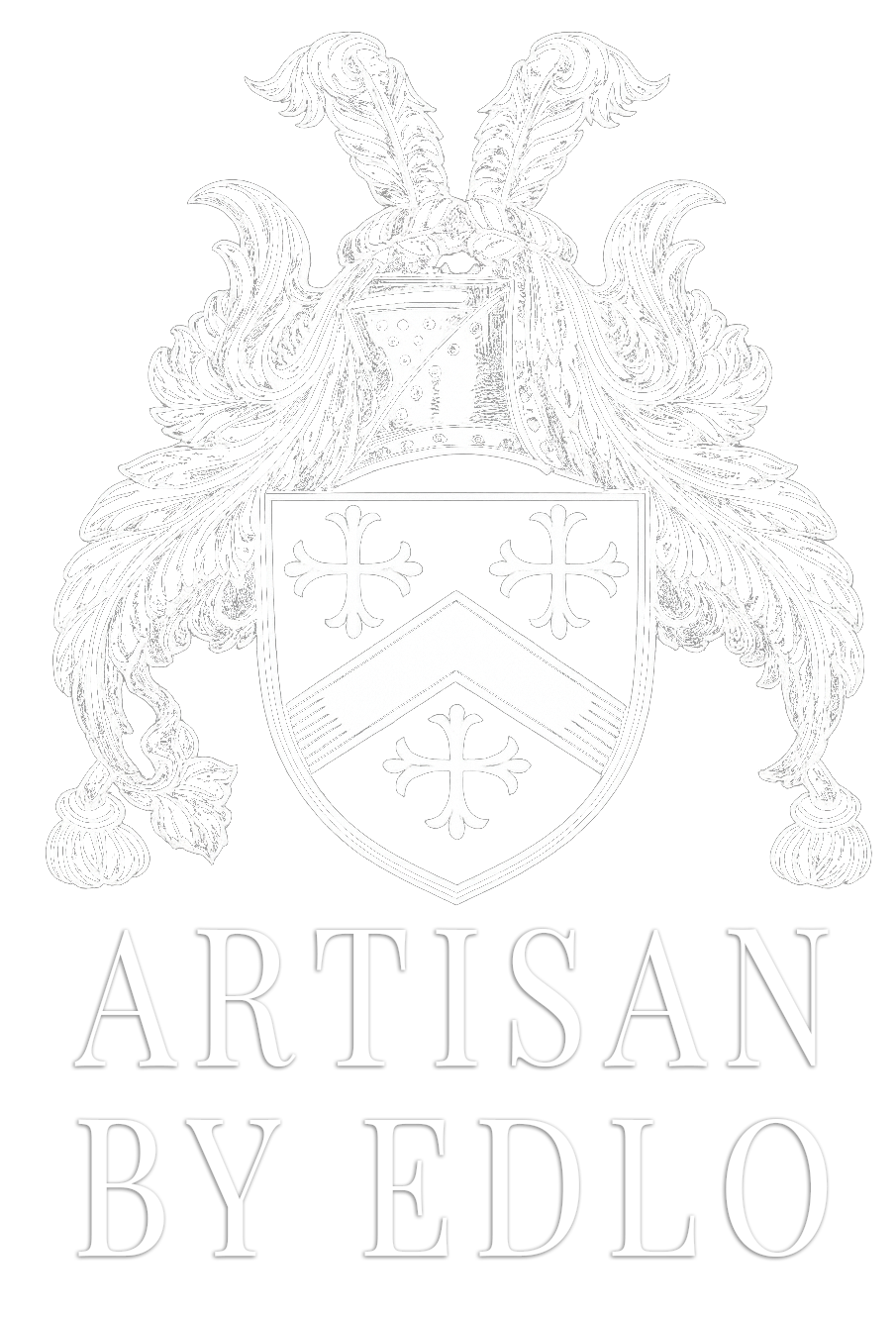 A black and white logo featuring a heraldic crest with a shield, three floral symbols, a chevron, and a helmet with feathered mantling. The text reads "ARTISAN BY EDLO."