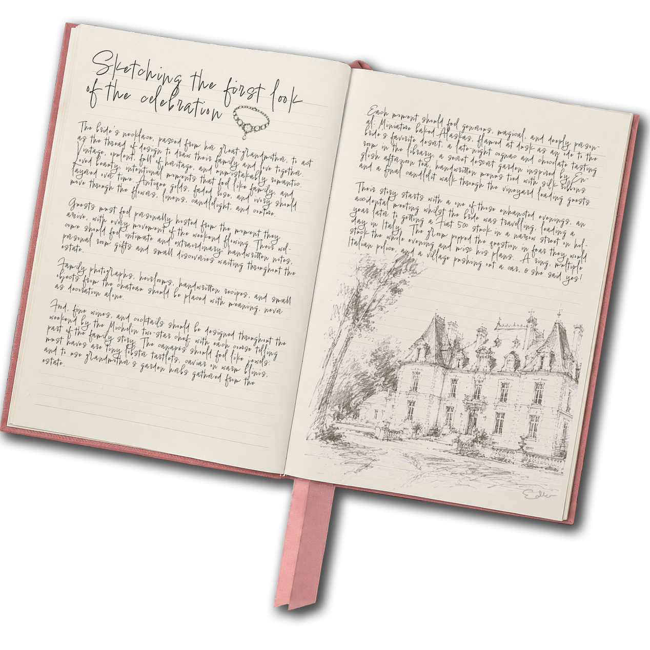Open Wedding Planning notebook with handwritten text, a small sketch of a building, and a drawing of a tree. The notebook has a pink cover and ribbon bookmark.
