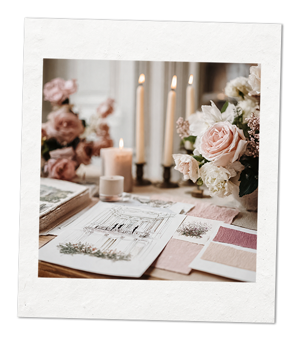 A wedding planning table with floral arrangements, sketches, color swatches, and lit candles.