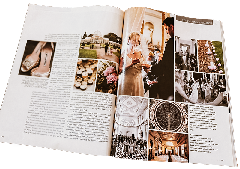 Open magazine showing wedding photos, including a bride and groom exchanging rings, a decorated ceremony venue, and wedding cake images.