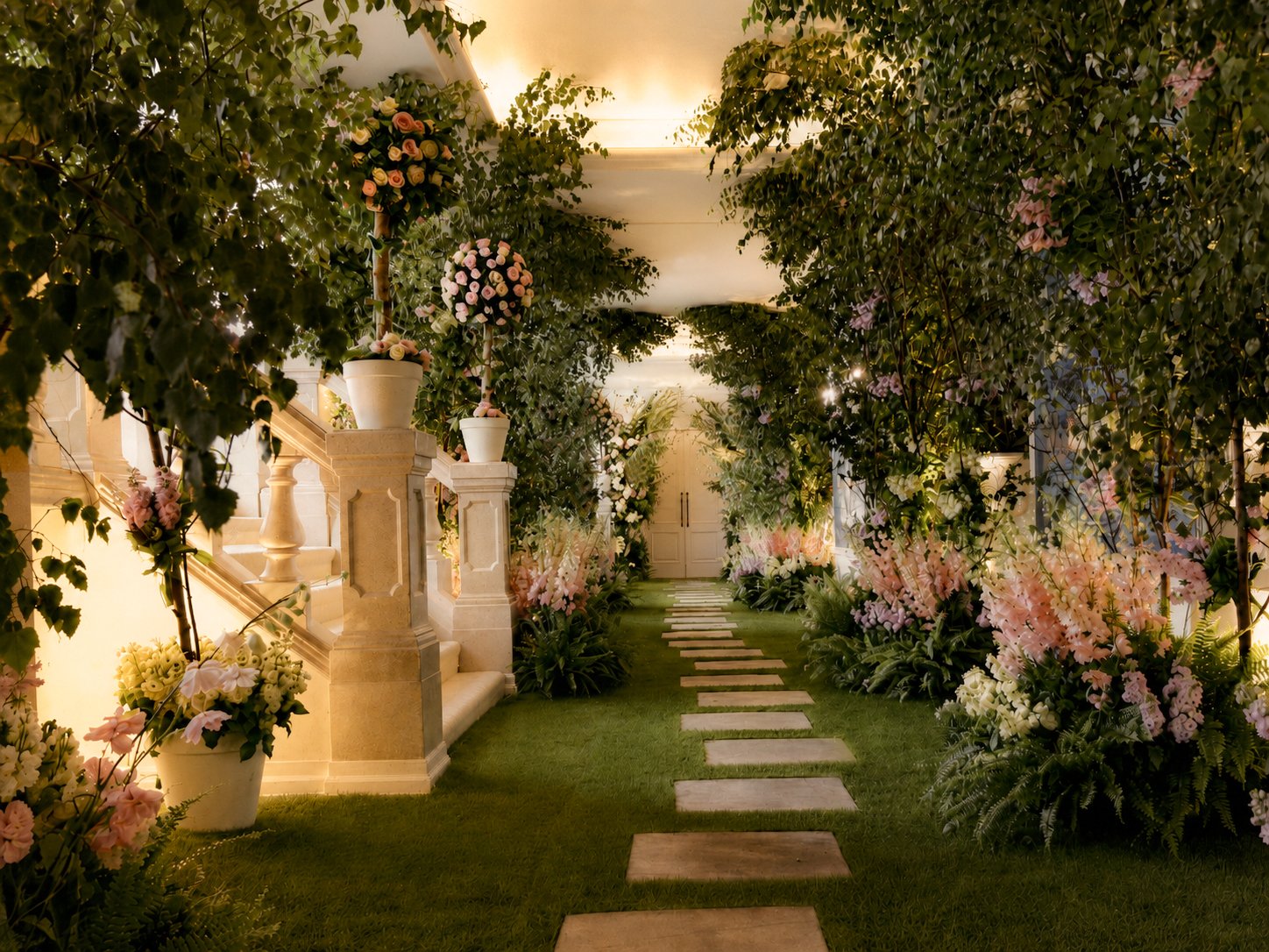 Indoor wedding or event venue decorated with pink and white flowers, green foliage, and fairy lights, featuring a pathway of stepping stones and a staircase to the left.