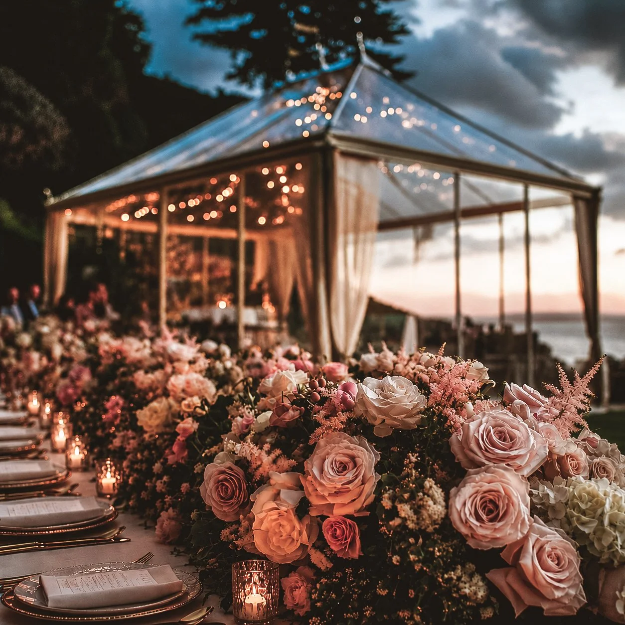 Outdoor wedding reception table decorated with pink and white roses and flowers, set with plates, silverware, and candles, with a decorated tent and sunset in the background.