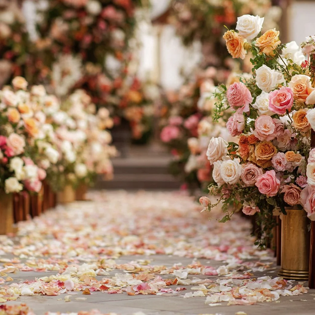 A floral aisle decorated with peach, pink, and white roses, with petals scattered on the ground, leading to a blurred background.