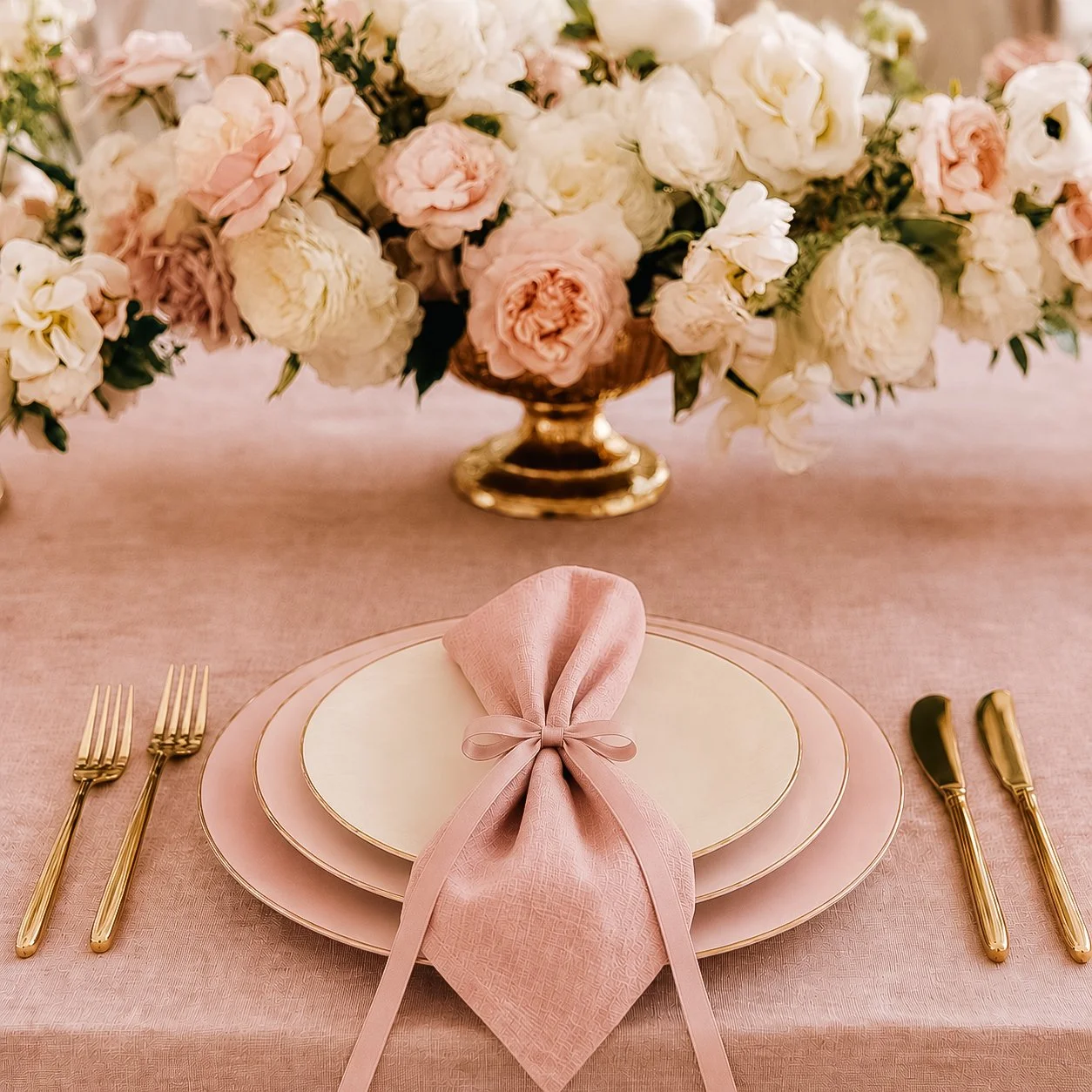 Elegant dining table setting with pink tablecloth, gold cutlery, a pink napkin tied with a bow on the plate, and a large floral arrangement of white and pink flowers in a gold vase.