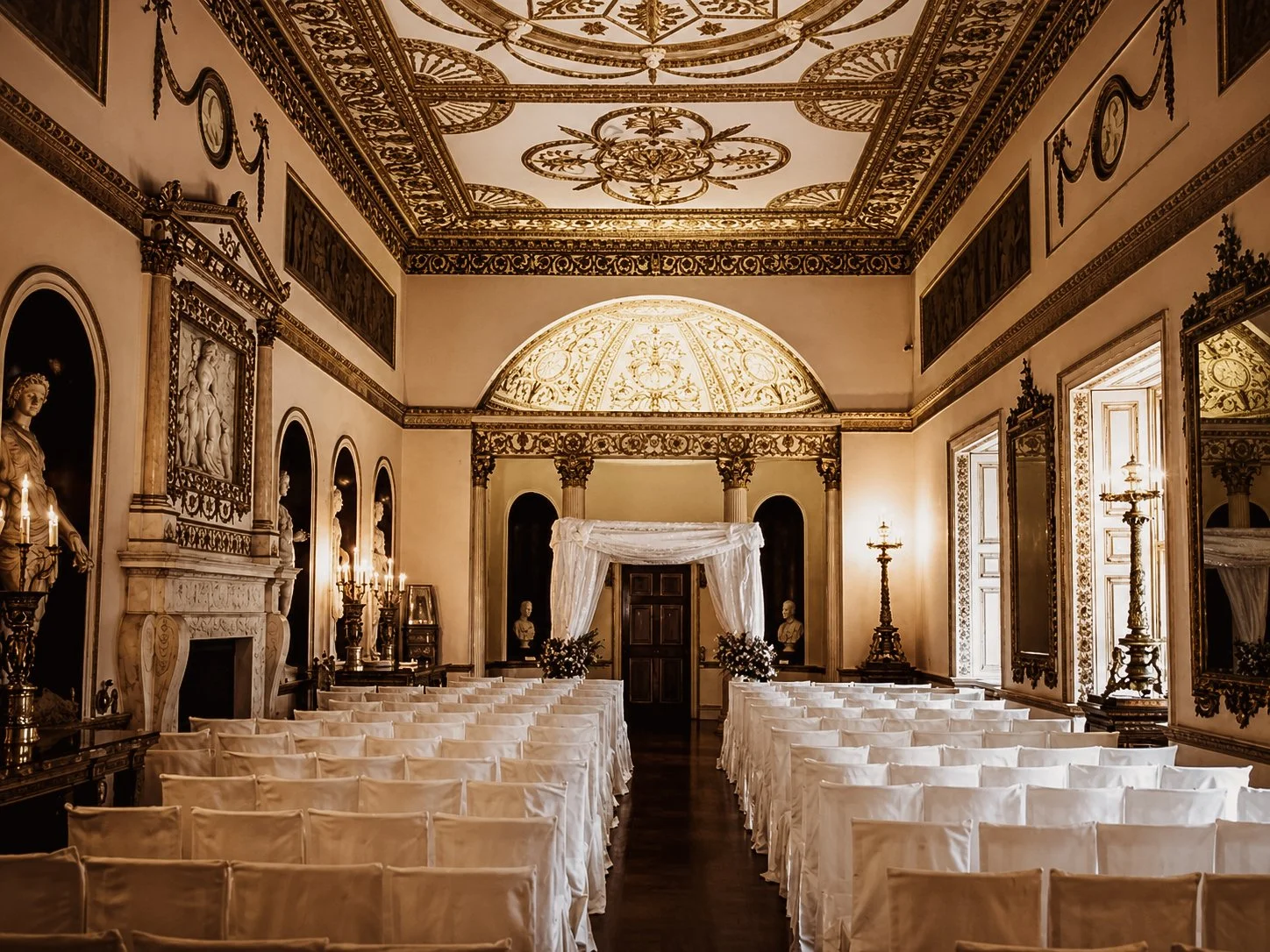 Elegant, historic wedding venue with ornate gold detailing on ceiling and walls, white draped arch at altar, and rows of white chairs awaiting a ceremony