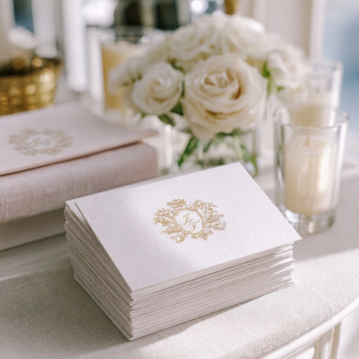 Stack of white wedding invitations with gold crest and initials, white roses in a glass vase, and candles on a table.
