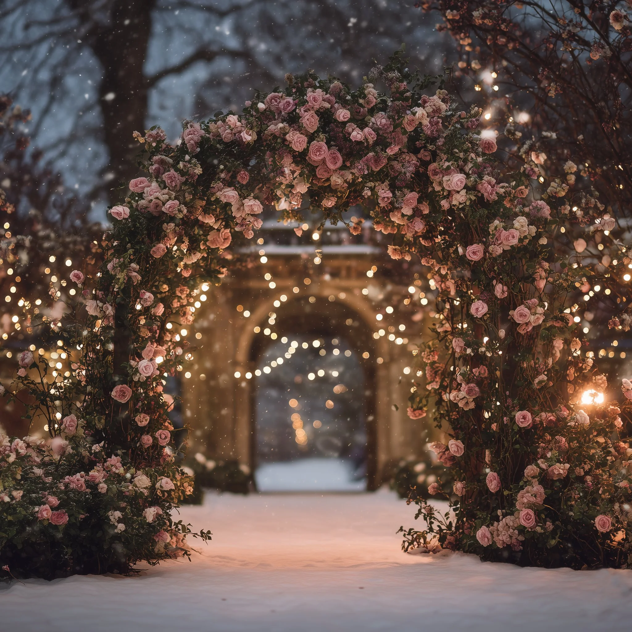 A floral arch made of pink roses and various flowers, illuminated by warm lights, set against a snowy outdoor scene at sunset.