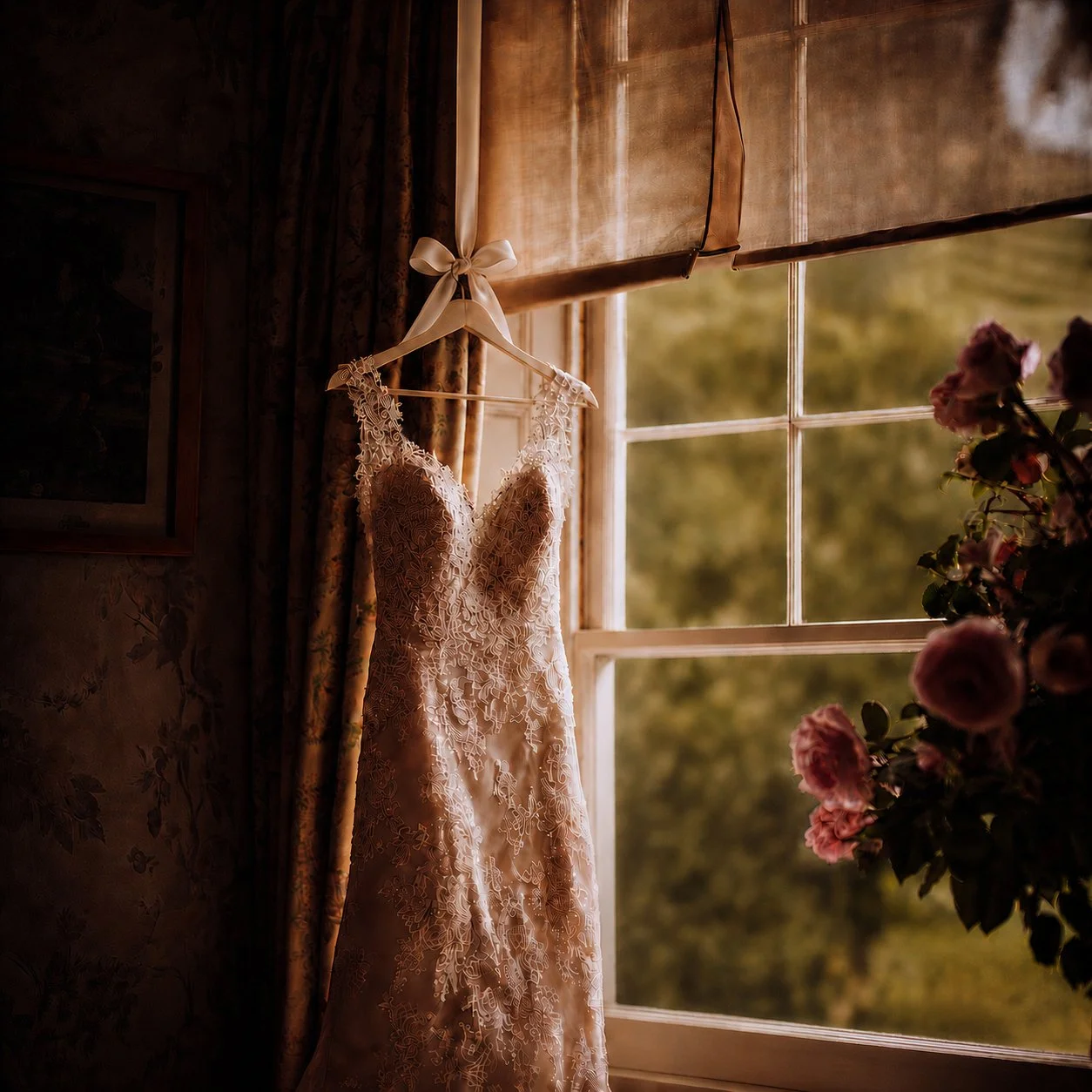 A white bridal wedding gown with lace details hanging on a matching hanger with a bow, near a window with natural light and pink flowers.