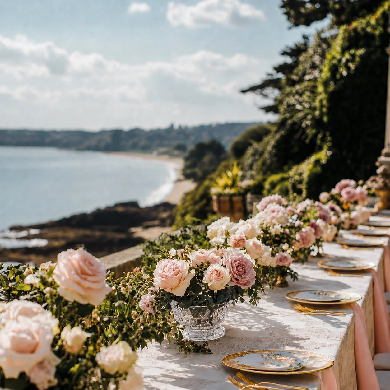 A long outdoor table set with floral arrangements and place settings overlooking a coastal landscape with water, sandy beach, and hills.