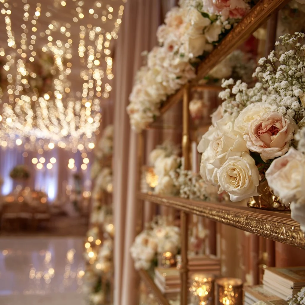 Close-up of a floral arrangement with white roses and baby's breath on a decorative gold shelf at a wedding or event, with blurred background lights.