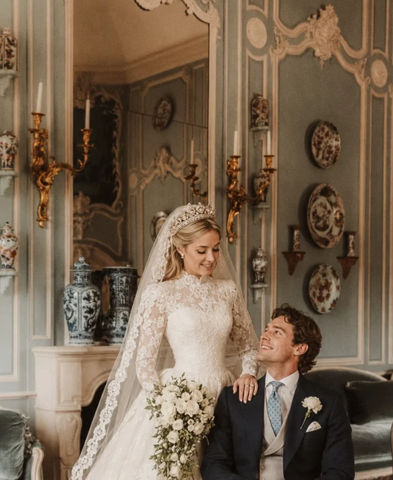 A bride and groom on their wedding day in a luxurious, ornate room. The bride is wearing a lace wedding dress and a tiara, and the groom is in a dark suit with a boutonniere. The bride is standing, holding a bouquet of white flowers, while the groom 