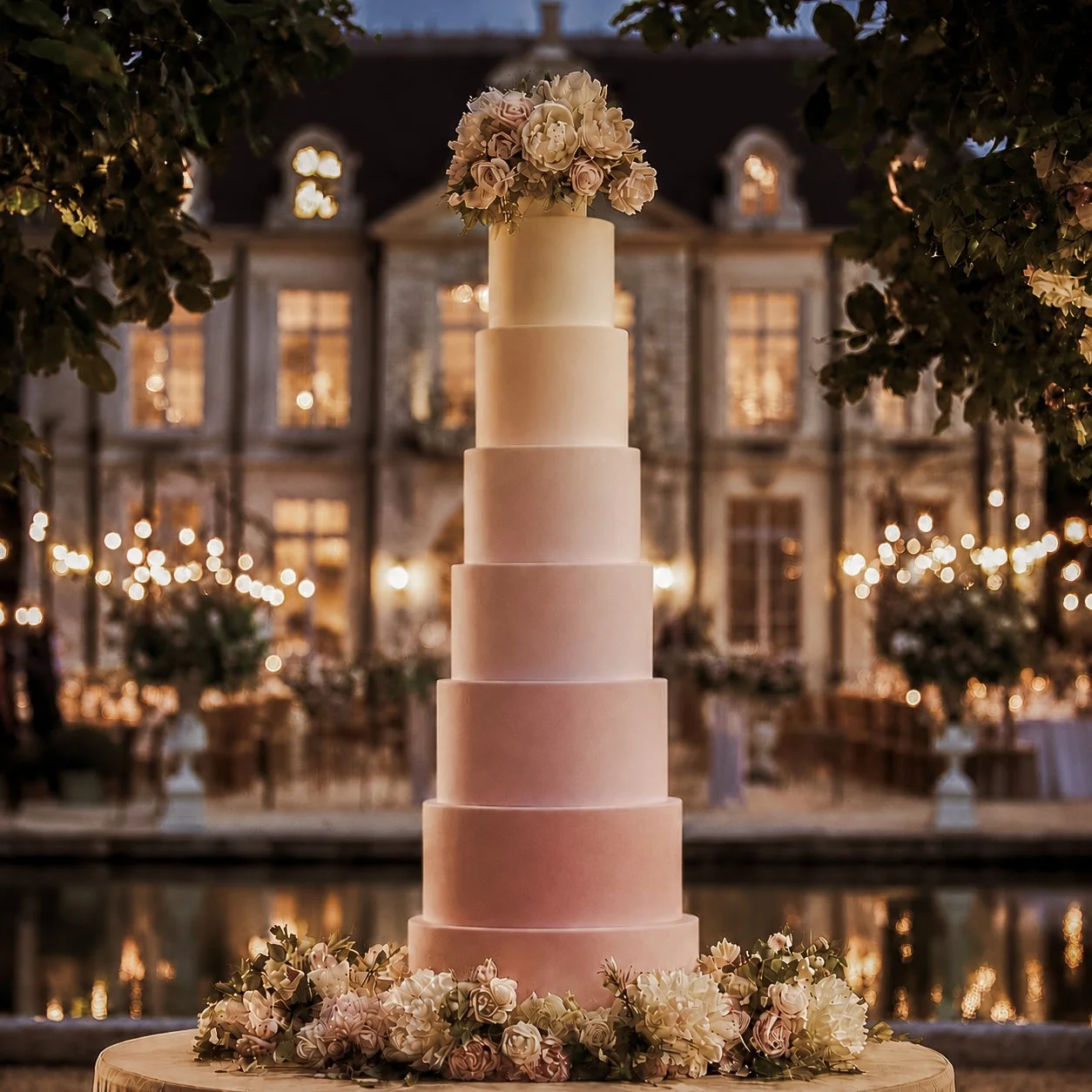 A tall, multi-tiered wedding cake with a floral top, surrounded by flowers, set outdoors at night with a lit, elegant building in the background.