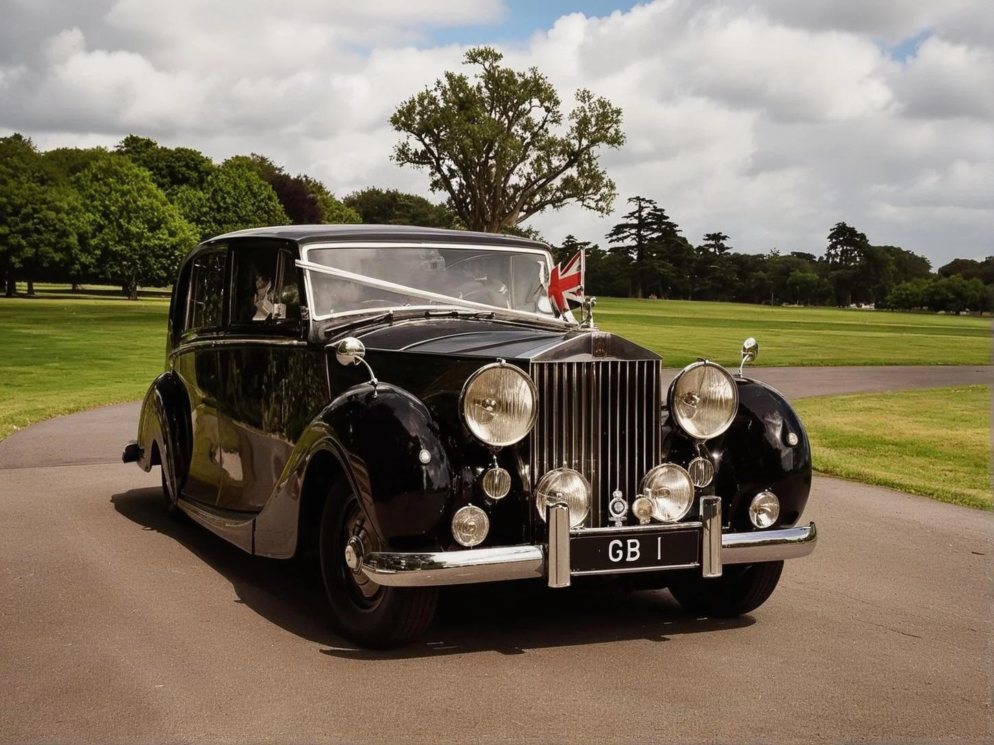 Luxury Wedding Planner a vintage black luxury car with a Union Jack flag attached to the front, parked on a paved driveway in a green park with trees and a cloudy sky in the backgroun