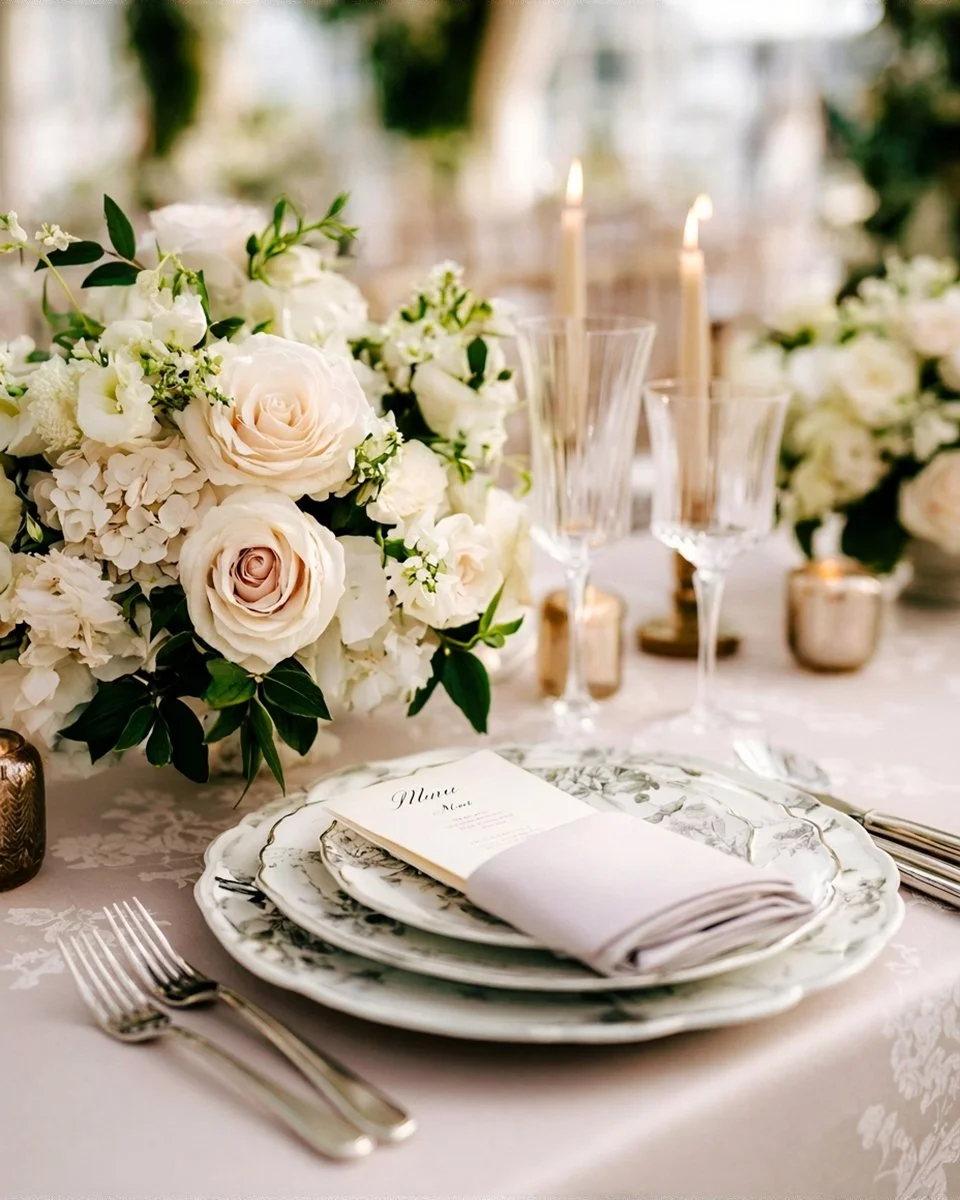 Elegant table setting with floral centerpiece of white and blush roses, white hydrangeas, and greenery, along with glassware, candles, and a menu card on patterned china plates.