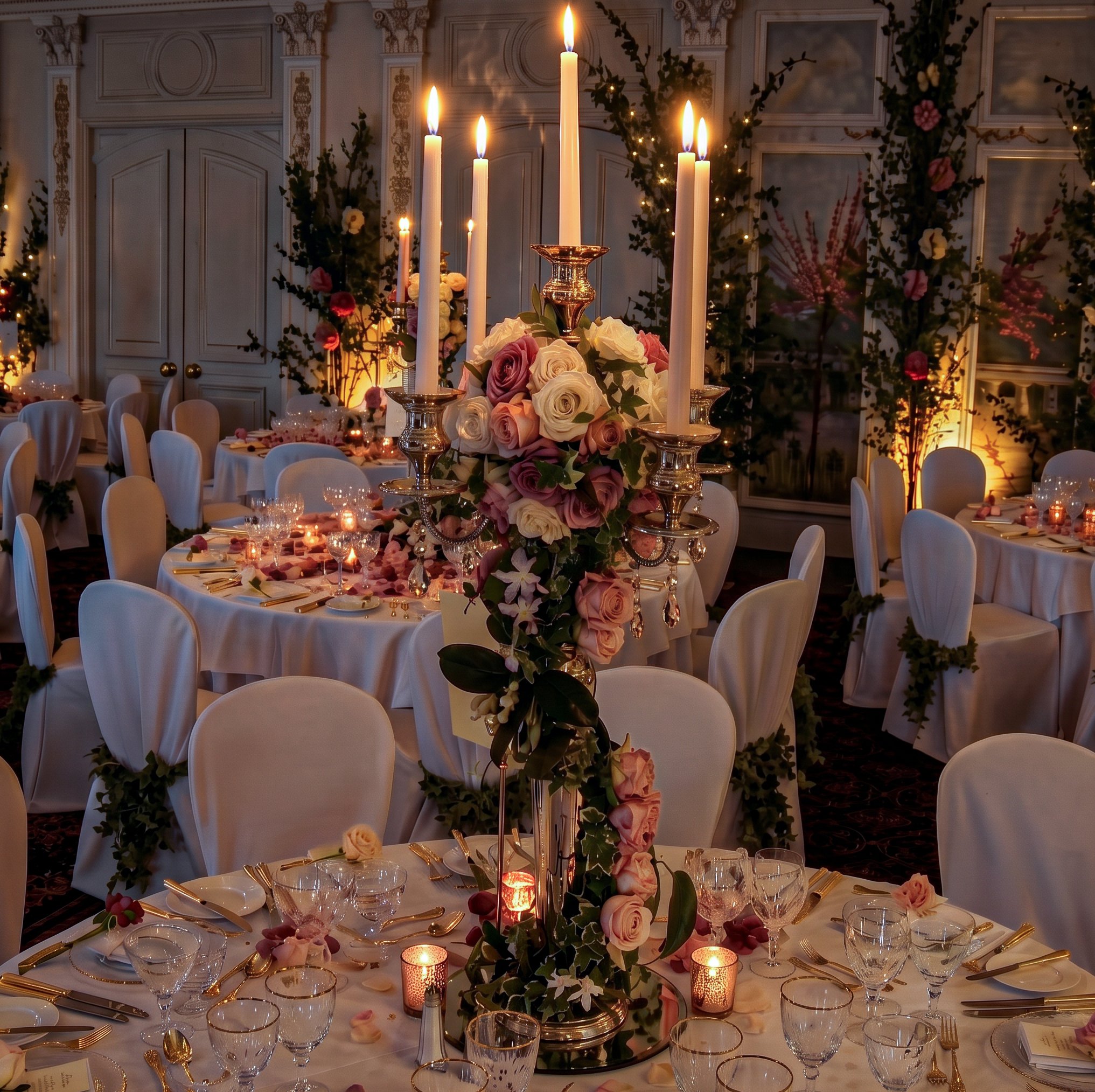 Luxury Wedding Planner & Designer Four Seasons Hotel Wedding Close-up of a floral arrangement for the dinner setting using whimsical romantic roses