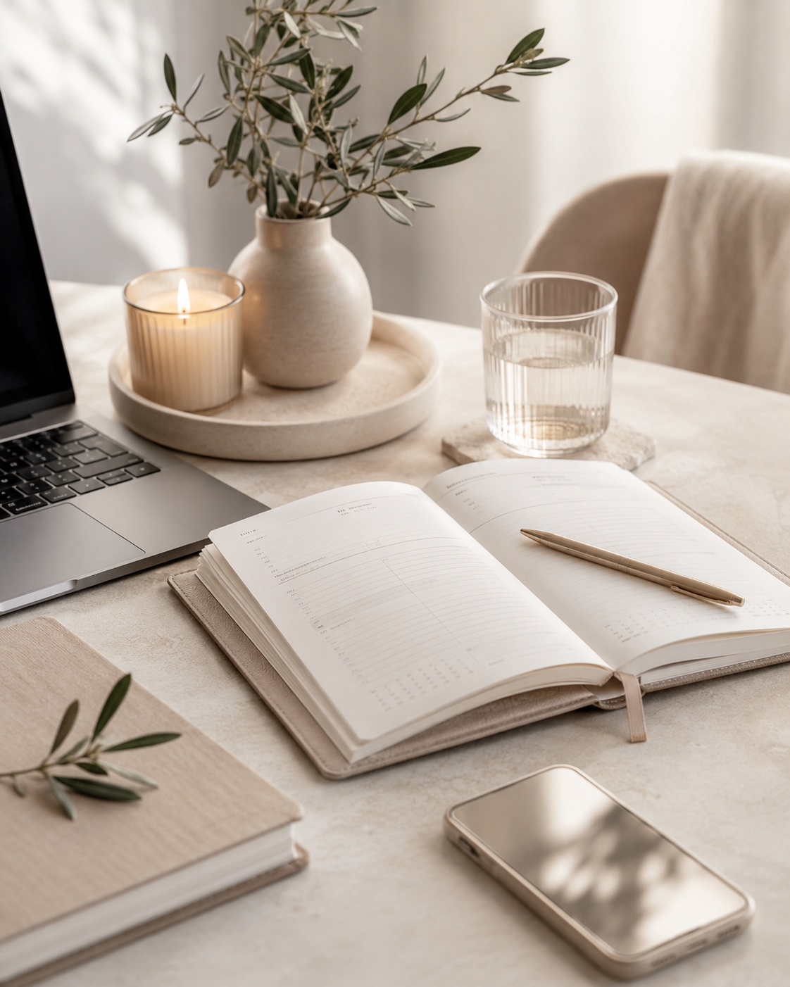 A workspace with an open planner, a closed notebook, a smartphone, a laptop, a glass of water on a coaster, a lit candle, a vase with a plant, and a pen on the planner, all placed on a marble table with a beige chair and light-colored background.