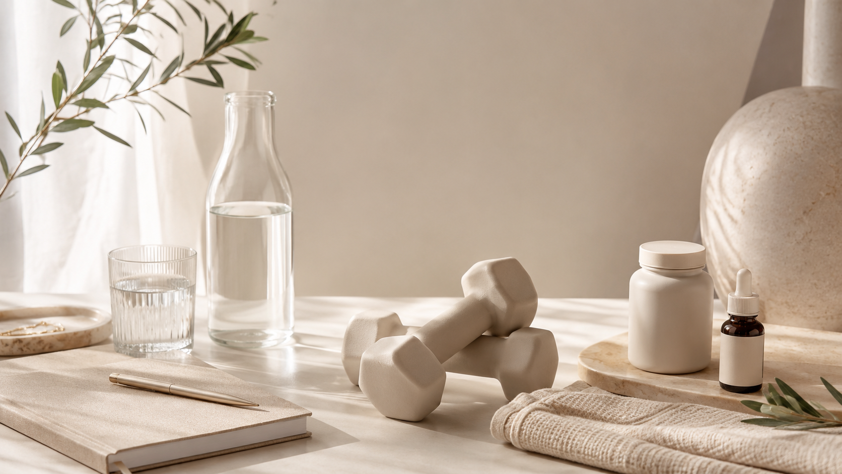 A minimalist wellness setup on a table with an exercise dumbbell, a notebook with a pen, a glass of water, a bottle of water, a cream jar, a small dropper bottle, some greenery, and neutral-colored decor items.