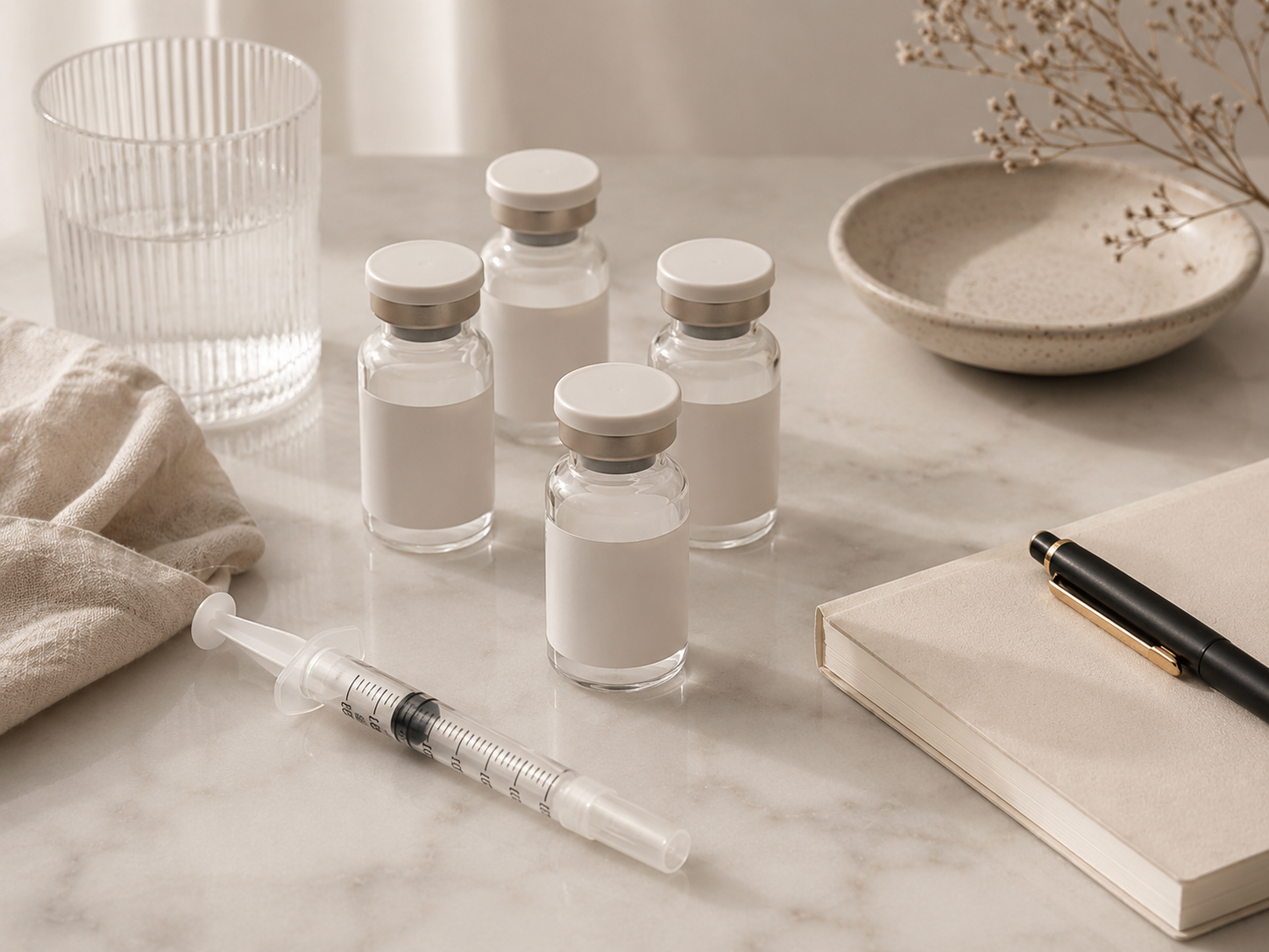 Medical supplies on a marble surface: four small glass vials with white caps, a syringe, a notebook, a pen, a clear glass cup, a speckled ceramic bowl, and dried flowers in a vase.