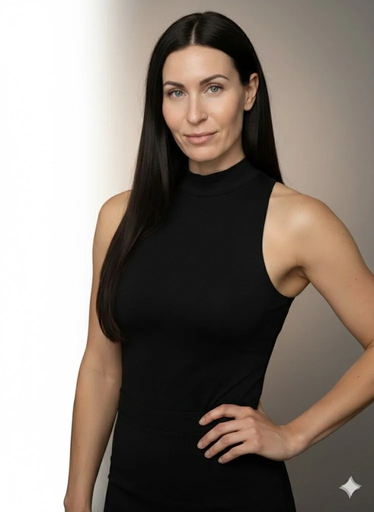 A woman with long dark hair wearing a sleeveless black top, standing with one hand on her hip and smiling subtly against a plain background.