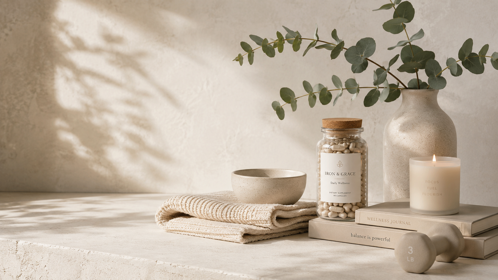 Neutral-toned wellness and fitness setup with a vase holding eucalyptus, a jar of dietary supplements, a lit candle, stacked books, a towel, a small bowl, a 3-pound dumbbell, and a speckled wall in the background.