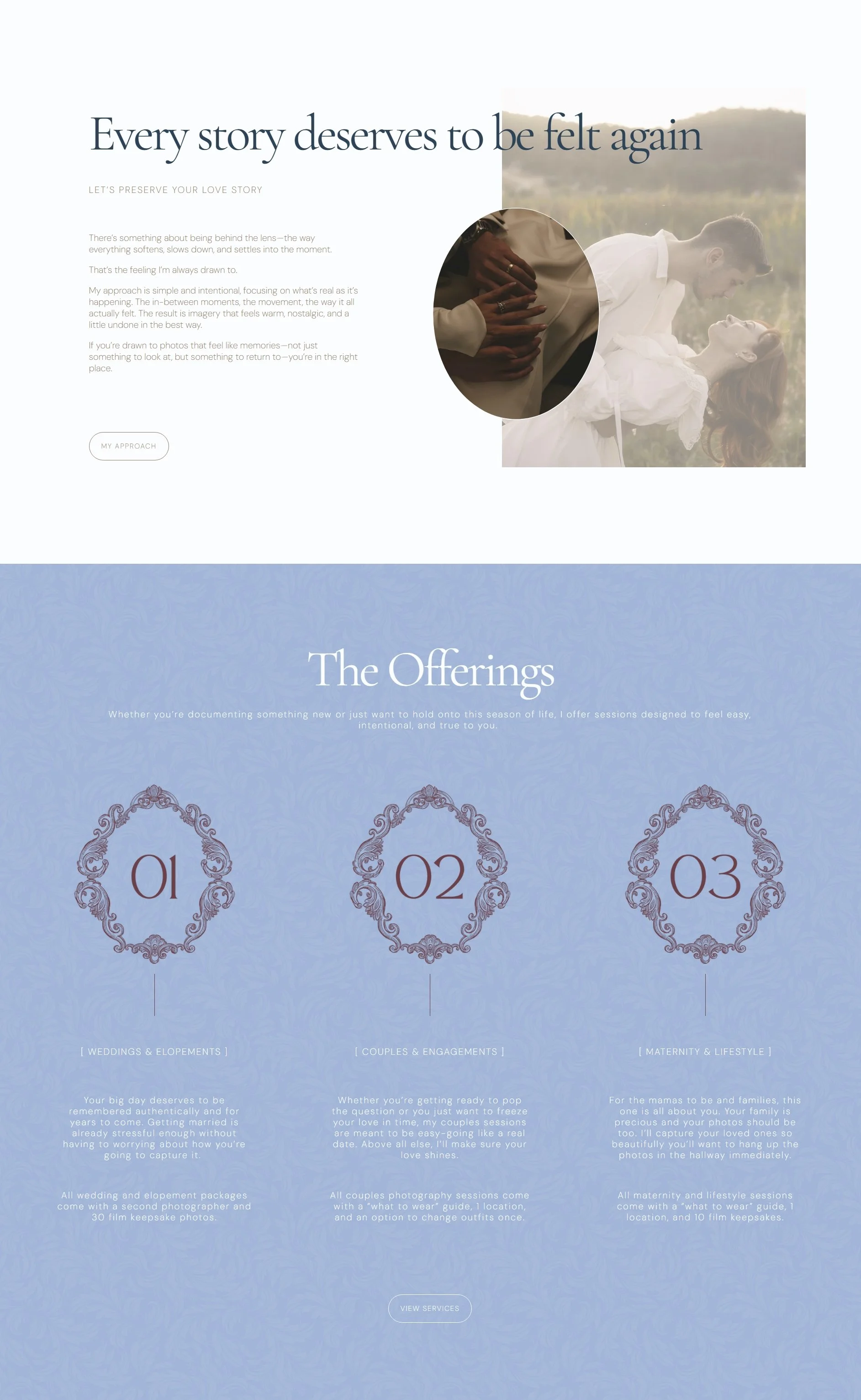 Home page featuring a services overview section for a luxury wedding photography website called "Preserved Moment Photography".