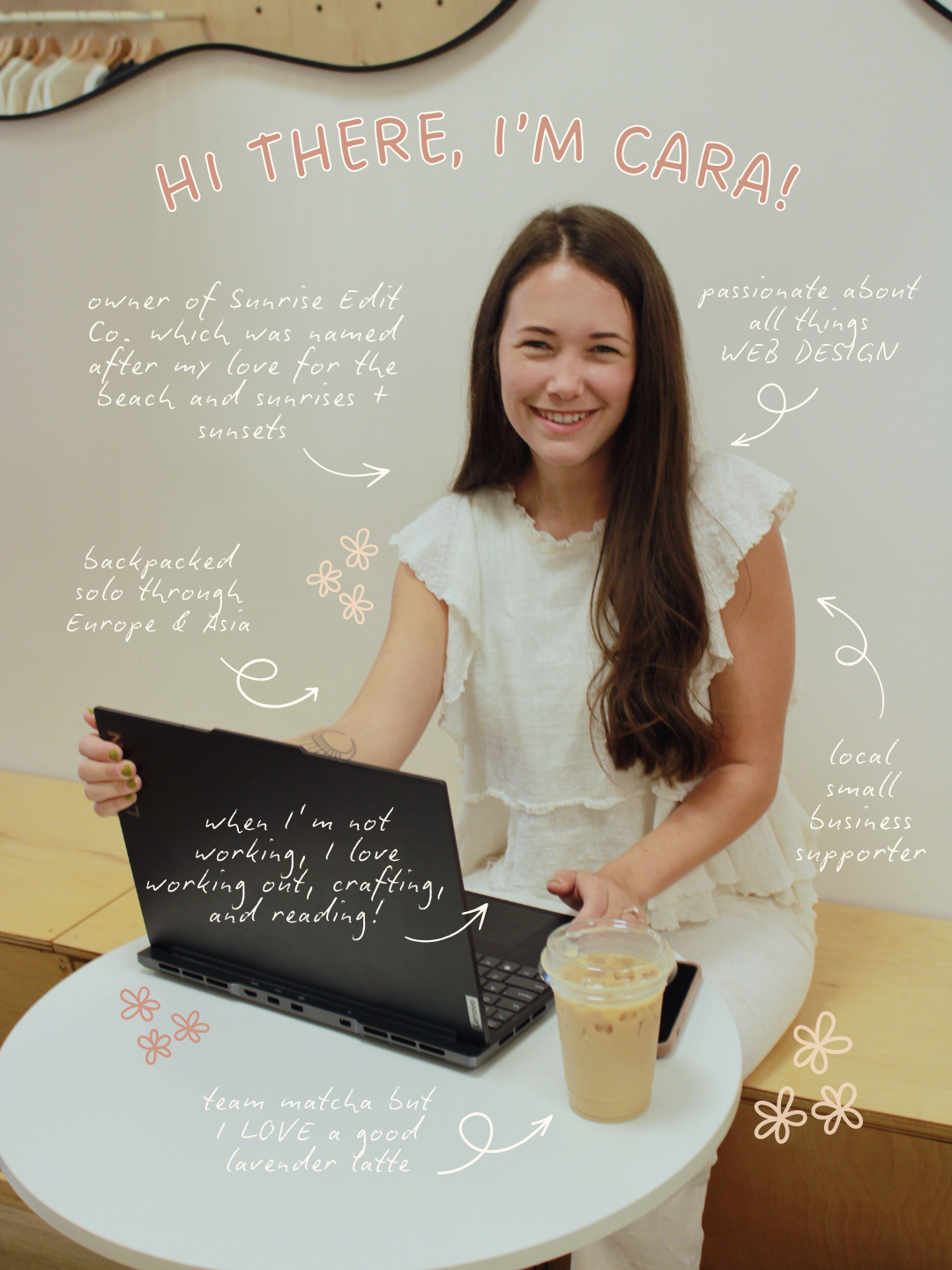 A woman website design smiling and sitting in a bright, neutral coffee shop with her laptop open in front of her. There are various handwritten fun facts about her on the image.